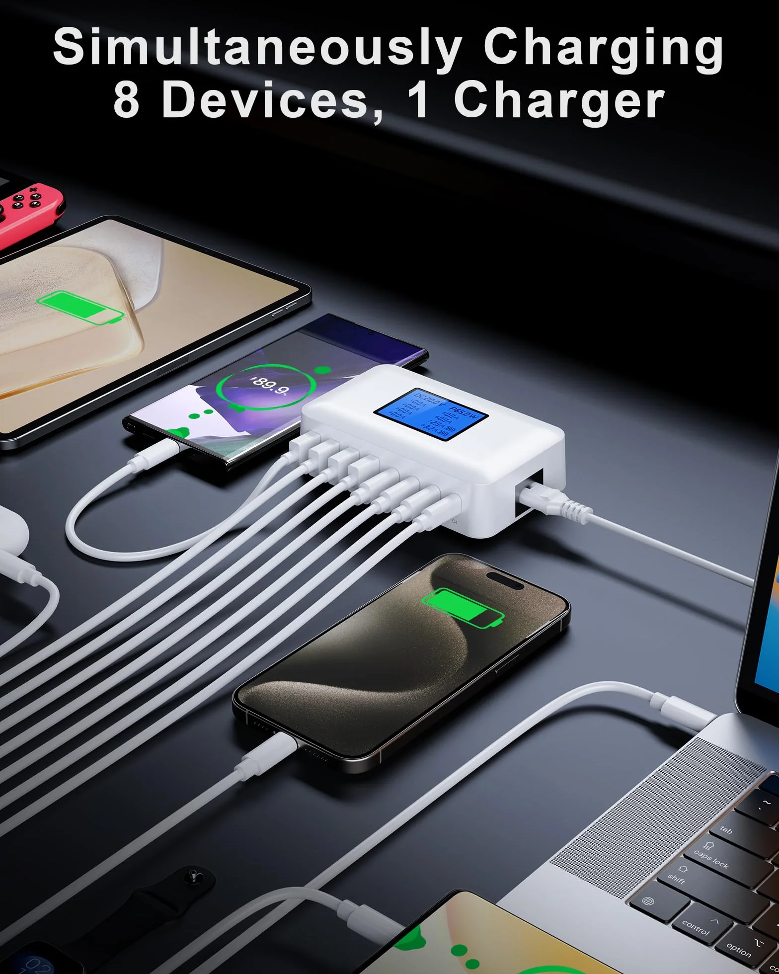 Ładowarka USB, 200 W, wielokrotna, RENGOGA 8 portów USB C, ładowarka GaN USB C, szybka ładowarka z wyświetlaczem LED, 65 W USB stacja ładująca wtyczka ładowarka adapter do MacBooka iPad Pro Air iPhone