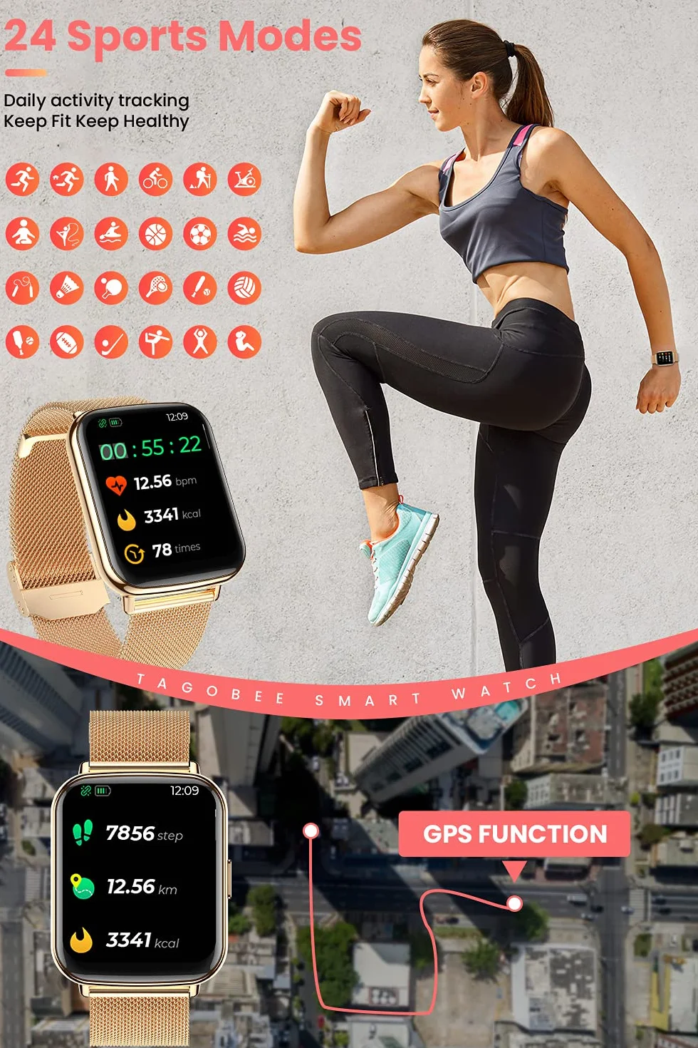 Inteligentny zegarek dla kobiet mężczyzn zegarek fitness IP68 wodoodporny zegarek z pulsometrem, monitor snu, monitor aktywności, krokomierz, zegarek 1,7 cala, pełny ekran dotykowy, smartwatch dla systemu Android iOS