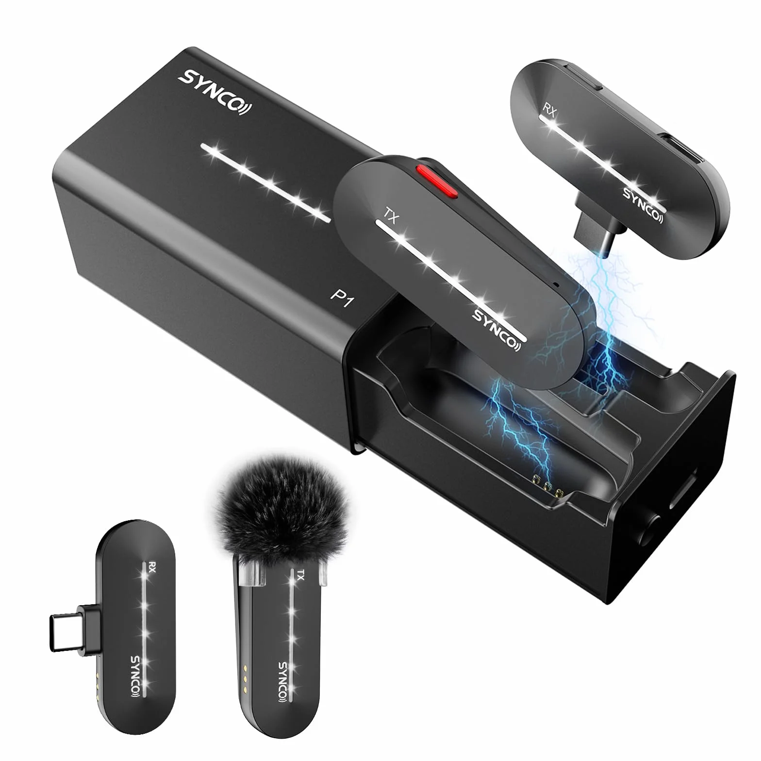 SYNCO Bezprzewodowy mikrofon krawat typu C, P1ST Bezprzewodowy mikrofon 2,4 GHz z etui ładującym do telefonów i tabletów USB C, mikrofon-krawat-bez smartfona