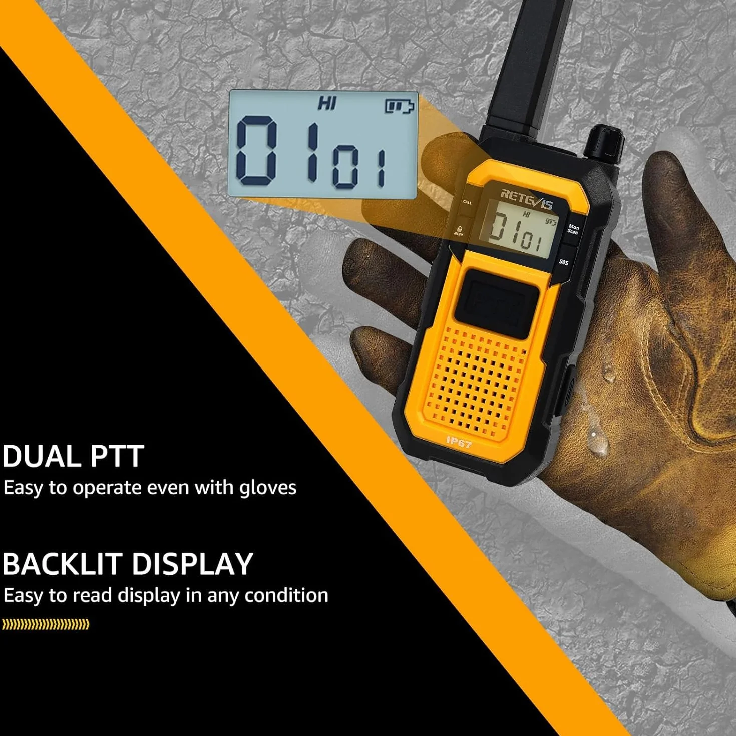 Retevis RB648 Krótkofalówka IP67, Walkie Talkie, Radio Dwukierunkowe MIL-STD-810H, Podwójny PTT, z Mikrofonogłośnikiem z AI Redukcją Szumów (w mikrofonie), Do Przemysłu (2 Szt., Żółty)