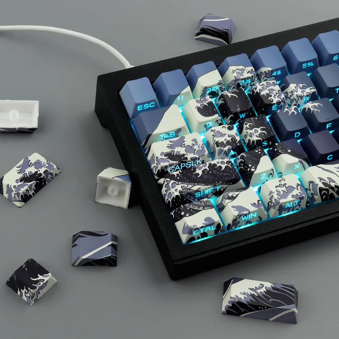 Hyekic Nasadki klawiszy PBT, 131 klawiszy Blue Ukiyo-e, profil Cherry, przezroczyste, przełączniki Cherry MX/Gateron, klawiatury mechaniczne