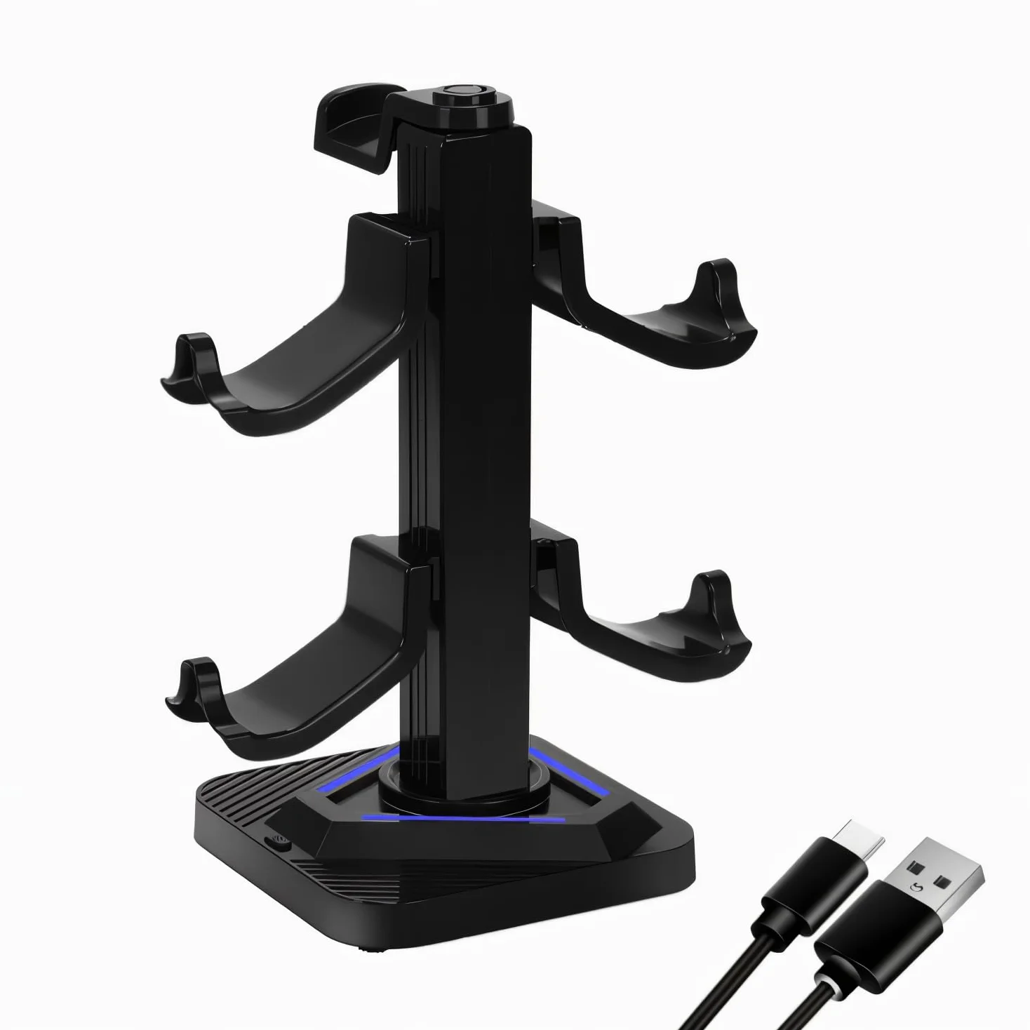 Stojak na słuchawki i kontroler, stojak na słuchawki do gier z 3 portami koncentratora USB i portem typu C (ładowanie - transfer danych), 8 trybów oświetlenia RGB, 5 odłączanych haczyków.