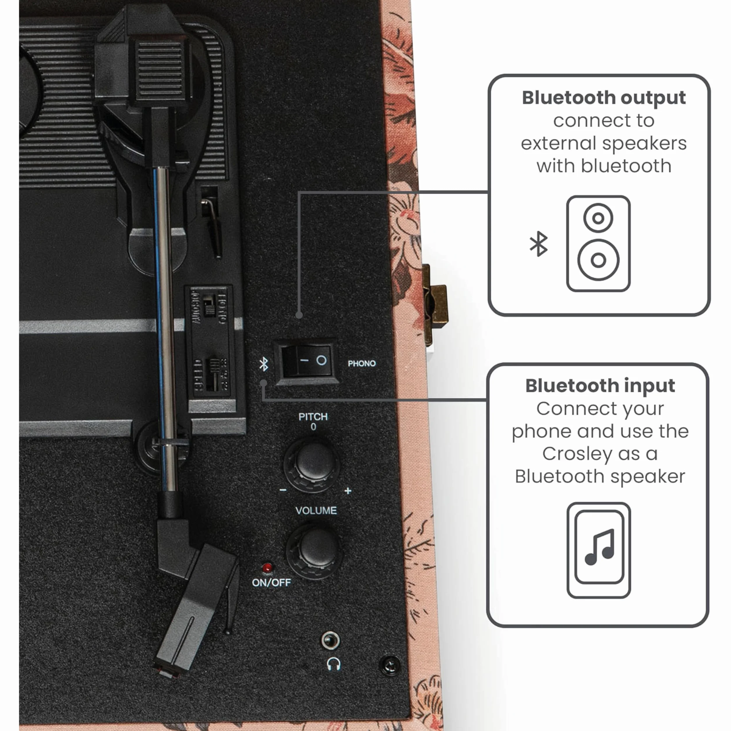 Crosley Voyager gramofon z 2 głośnikami, Bluetooth In&Out i AUX - 3-biegowy odtwarzacz Vintage - do płyt winylowych o przekątnej 7", 10" i 12", przenośny z wbudowaną obudową (kwiatowy)