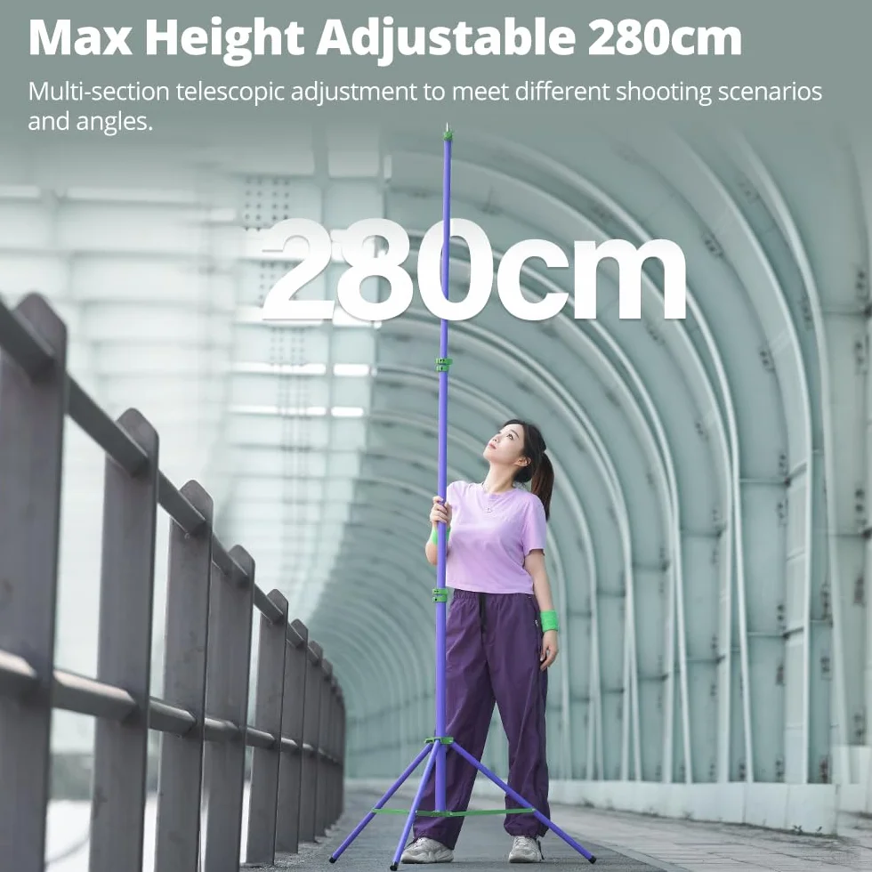 AMBITFUL GM280P stojak oświetleniowy z poduszką powietrzną, obciążenie 10 kg, regulacja wysokości 108-280 cm, fioletowy i zielony stojak do studia fotograficznego na oświetlenie pierścieniowe, aparat