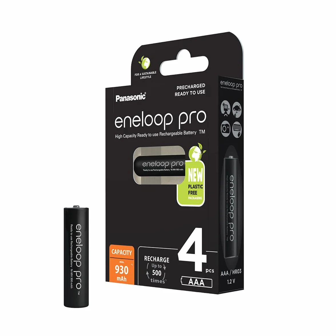 Panasonic eneloop pro | Ready-to-Use Ni-MH akumulatory, AAA/Micro, 4 sztuki w zestawie, min. 930 mAh, 500 cykli ładowania, niski stopień samorozładowania w opakowaniu bez tworzyw sztucznych, Czarny
