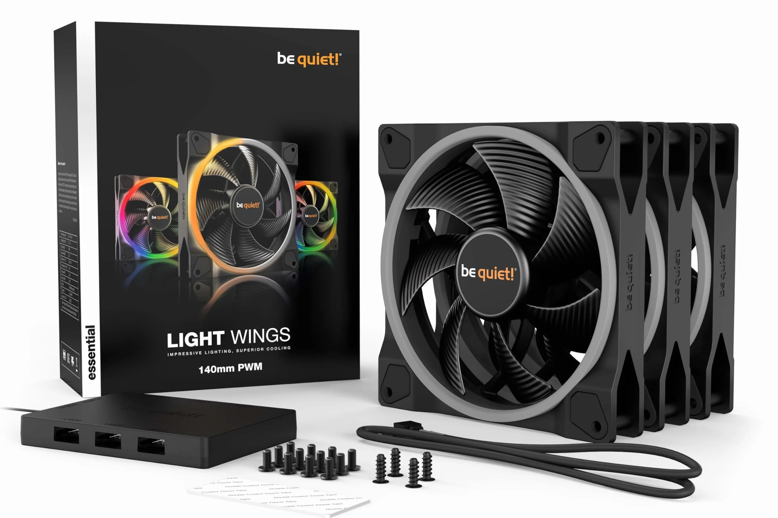 be quiet! Light Wings 140 mm PWM Triple Pack Wentylatory, zestaw zawiera 3 wentylatory, podświetlenie ARGB, wiele kolorów i efektów, 7 łopatek wentylatora zoptymalizowanych pod kątem hałasu