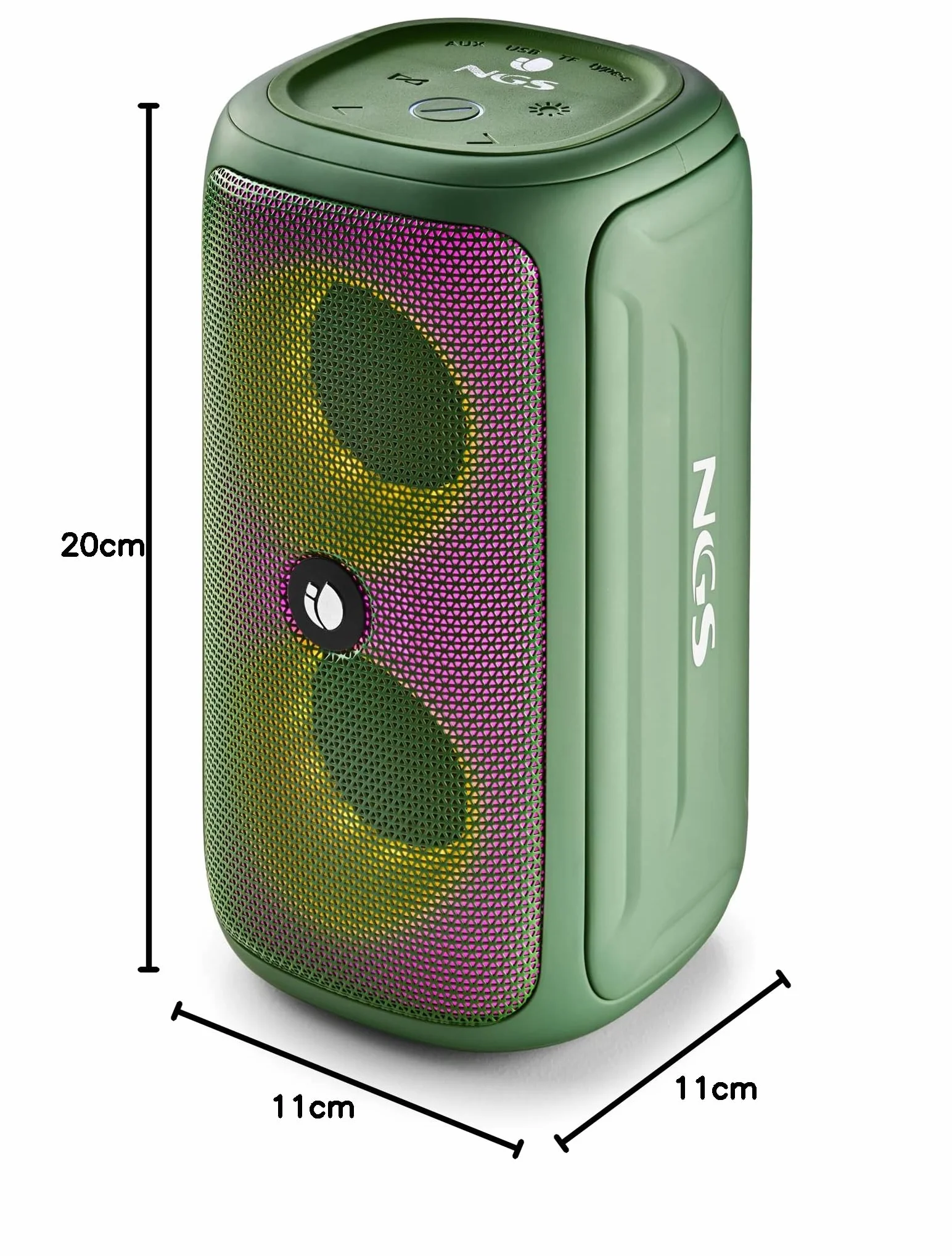 NGS ROLLER BEAST GREEN - Potężny przenośny głośnik o mocy 32 W, kompatybilny z technologią Bluetooth 5.0 i technologią TWA, z oświetleniem RGB, odporny na wodę i pył zgodnie z normą IPX5, z mikrofonem, funkcją hands-free, do 40 h pracy, kolor zielony.