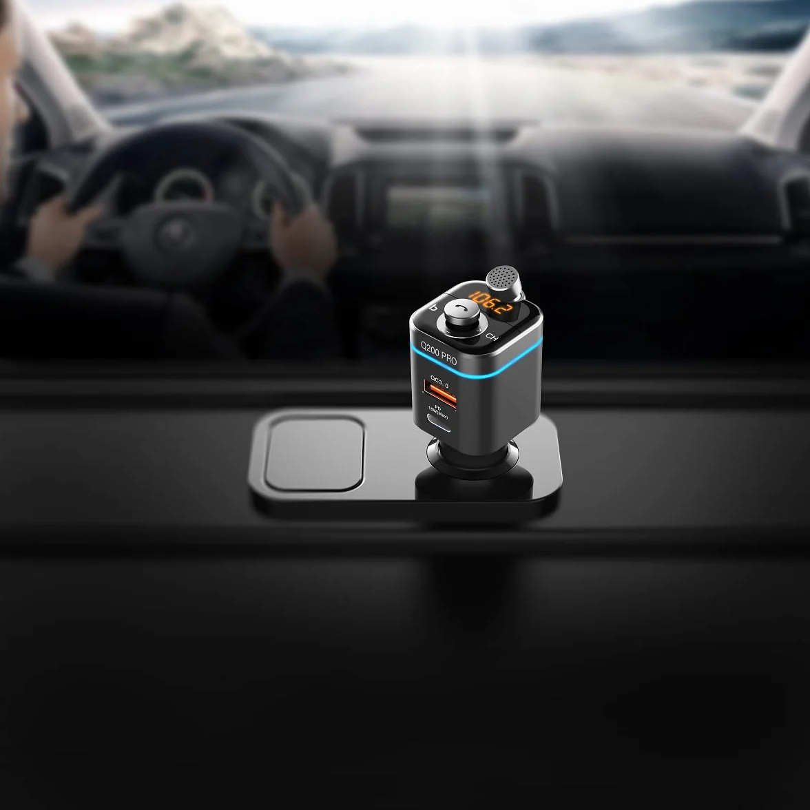 Feegar Q200 Pro Transmiter FM Bluetooth 5.0 QC3.0 4.0 PD SD MP3 USB-C 12-24 V Ładowarka 42W typ C 87,5–108,0 MHz Regulowany mikrofon HD Bass Boost Efekt Siri