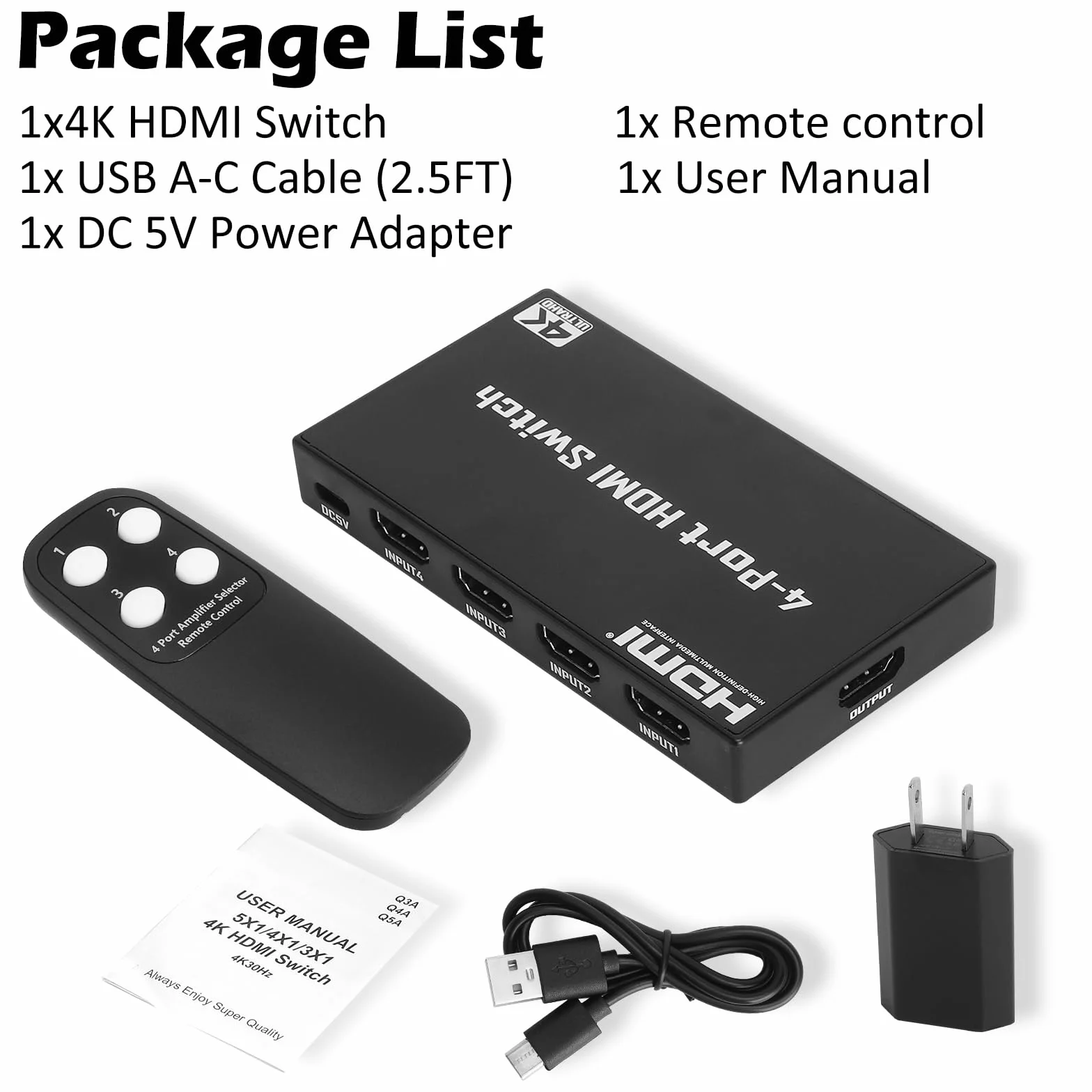 Przełącznik HDMI 4K 30 Hz, 4 K HDMI Switch 4 w 1, przełącznik HDMI z pilotem zdalnego sterowania, 4 porty HDMI Selector Box Support HDCP 1.4 HDR 3D, kompatybilny z PS5/4, Xbox, Apple TV, Skybox