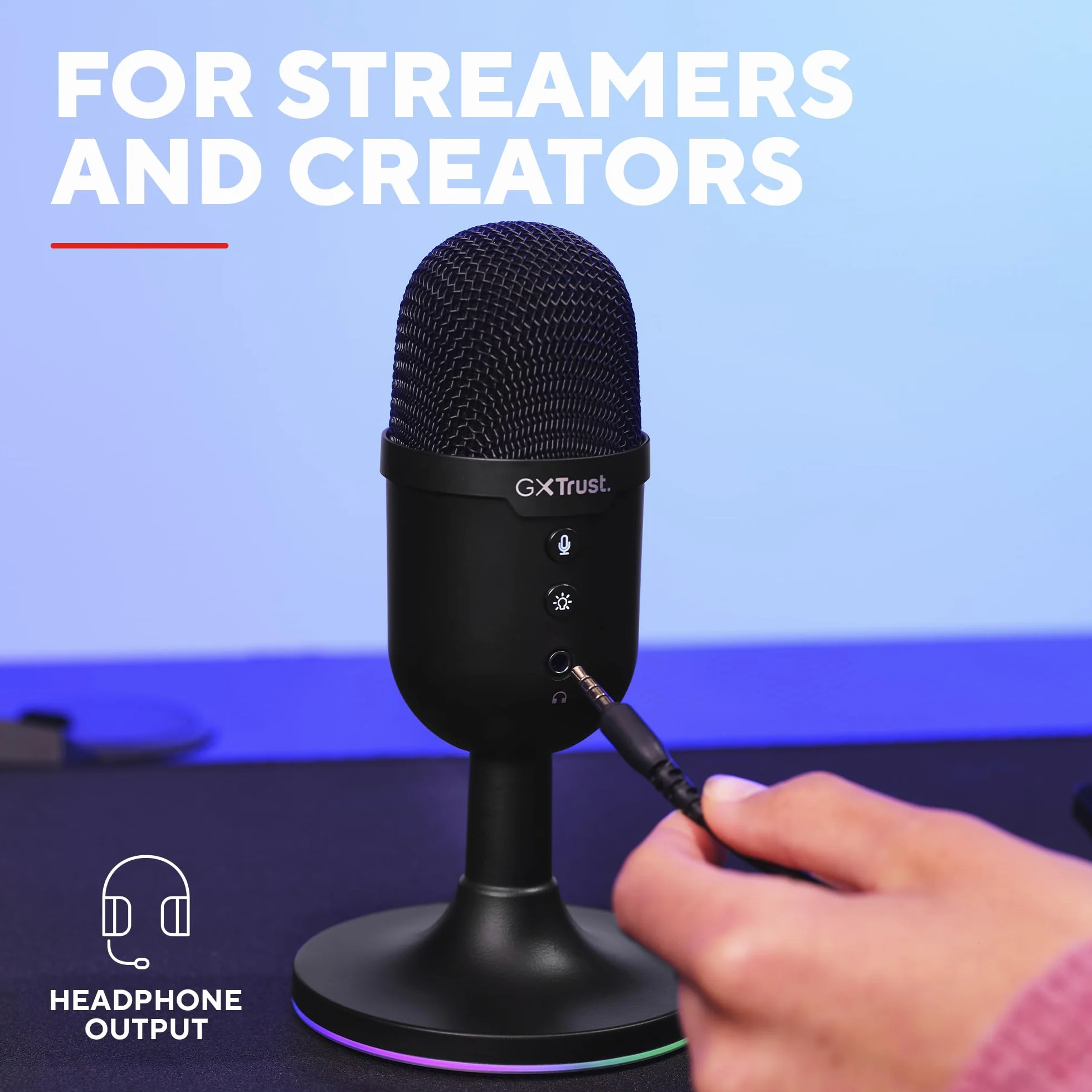 GXTrust 236 Yami Mikrofon Pojemnościowy USB do Podcastów Twitch Discord ASMR Youtube Playstation 5, Mikrofon do Gier z Kardioidalnym Wzorem Nagrywania, Podświetlenie RGB, Czarny