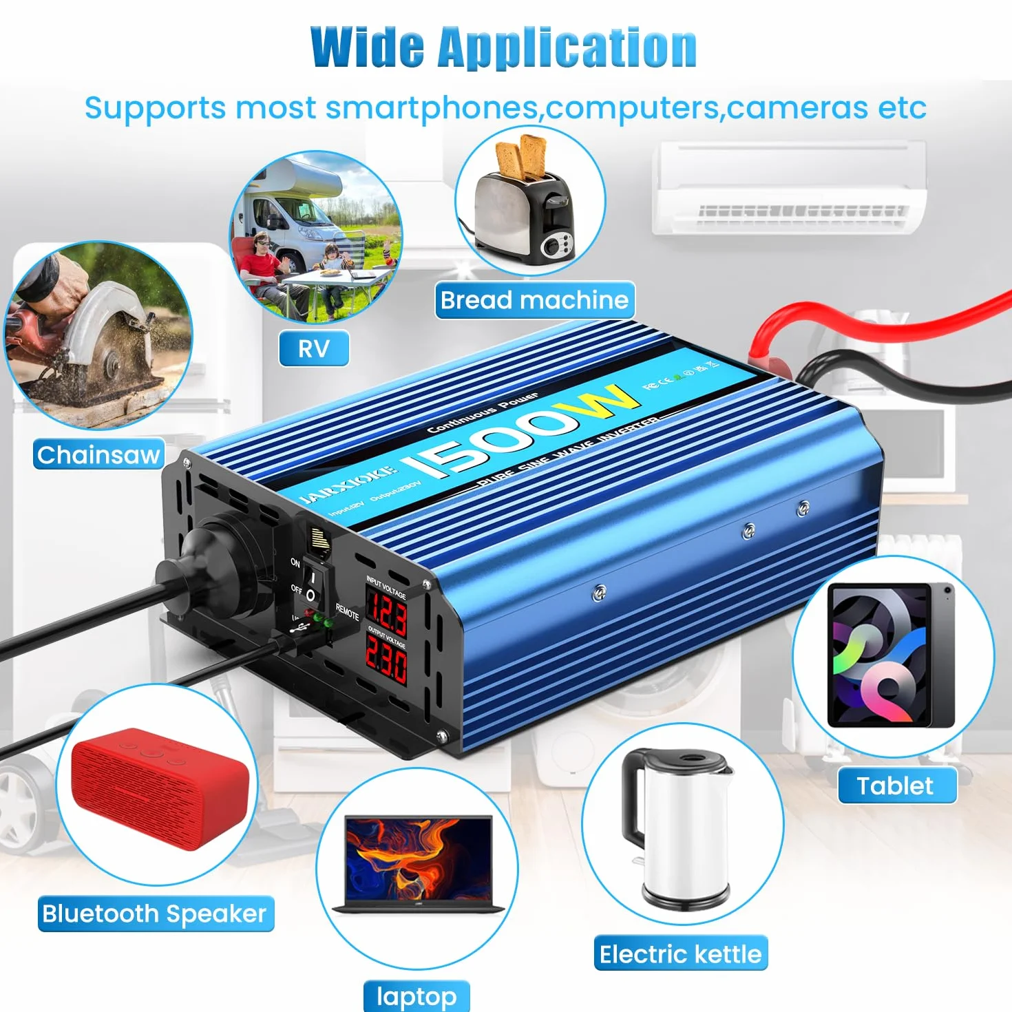 1500w Przetwornik 12V do 230V Czysty Sinus Falownik Napięcia 12V 230v DC Przetwornik Słoneczny,z Gniazdem Europejskim i USB,Pilot Zdalnego Sterowania