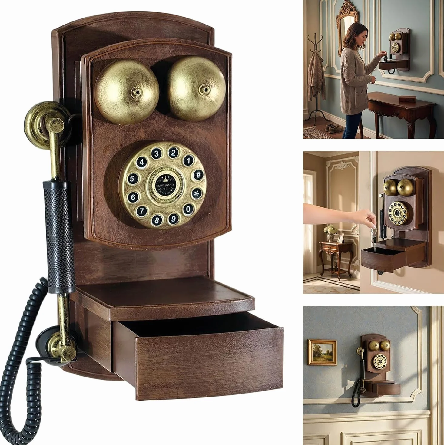 Dekoracja ścienna telefonu w stylu vintage z obrotową tarczą - antyczna ozdoba na telefon stacjonarny do domu, biura lub retro budki - klasyczny rekwizyt kolekcjonerski