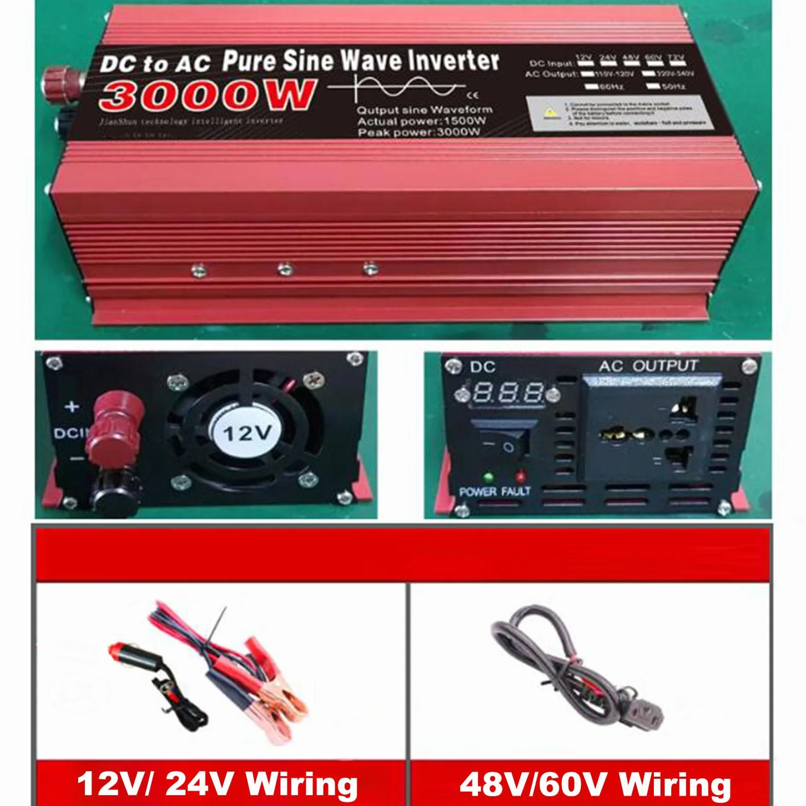 Przetwornica napięcia o mocy 3000 W z czystą falą sinusoidalną 12 V/24 V/48 V/60 V DC na 110 V/120 V do użytku w domu, samochodzie kempingowym i systemach solarnych