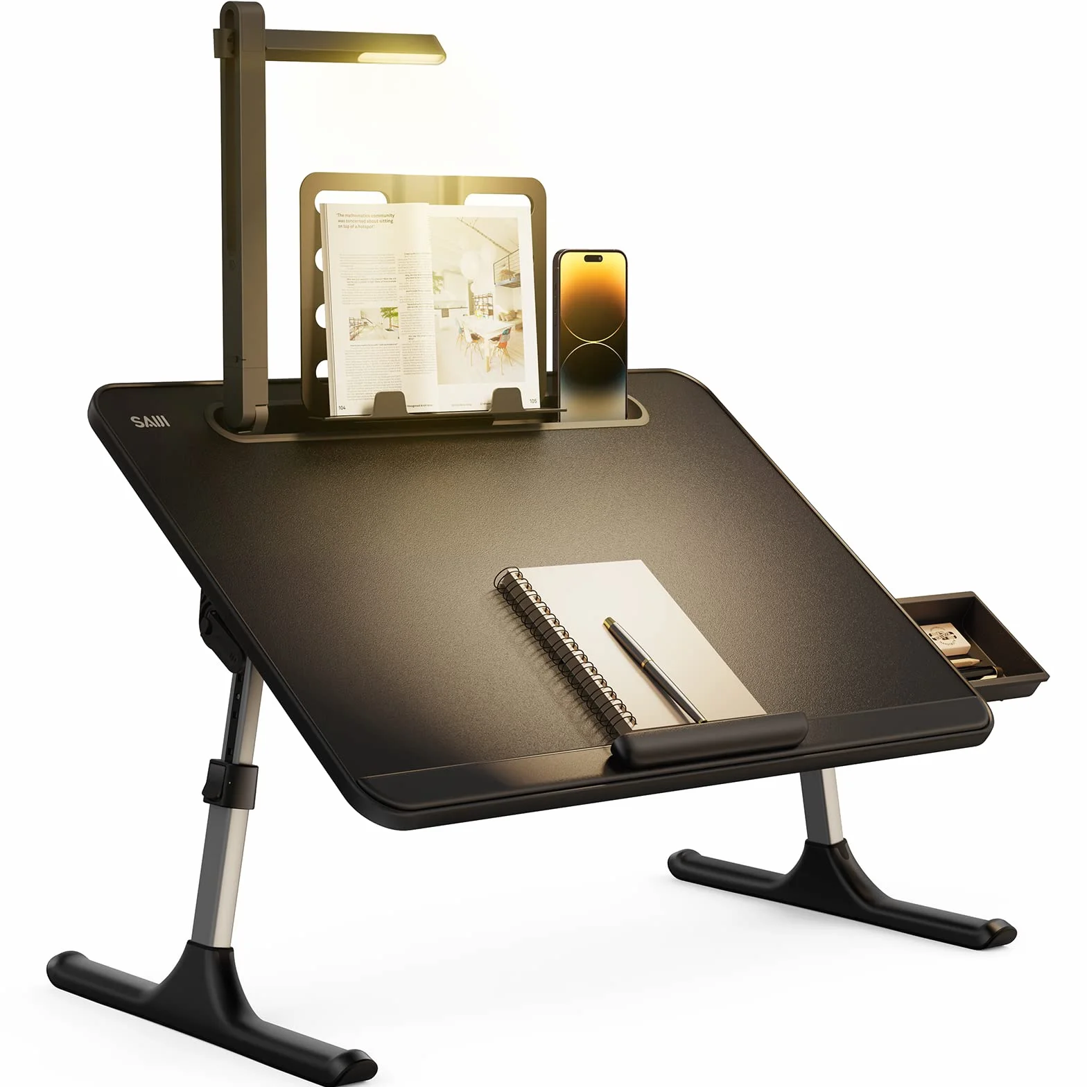 SAIJI Stolik pod laptopa z lampką LED, regulowany kąt wysokości, stojak na książki, na tablet, z nóżkami
