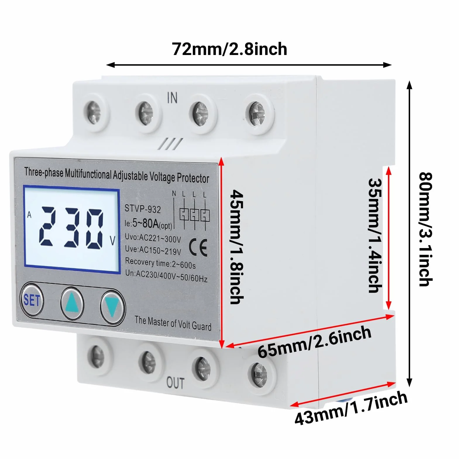 Zabezpieczenie przeciwprzepięciowe regulowane zabezpieczenie napięcia STVP-932 230 V/ 400 V AC 3-fazowe wielofunkcyjny wyświetlacz LCD z pełnymi funkcjami (63 A)