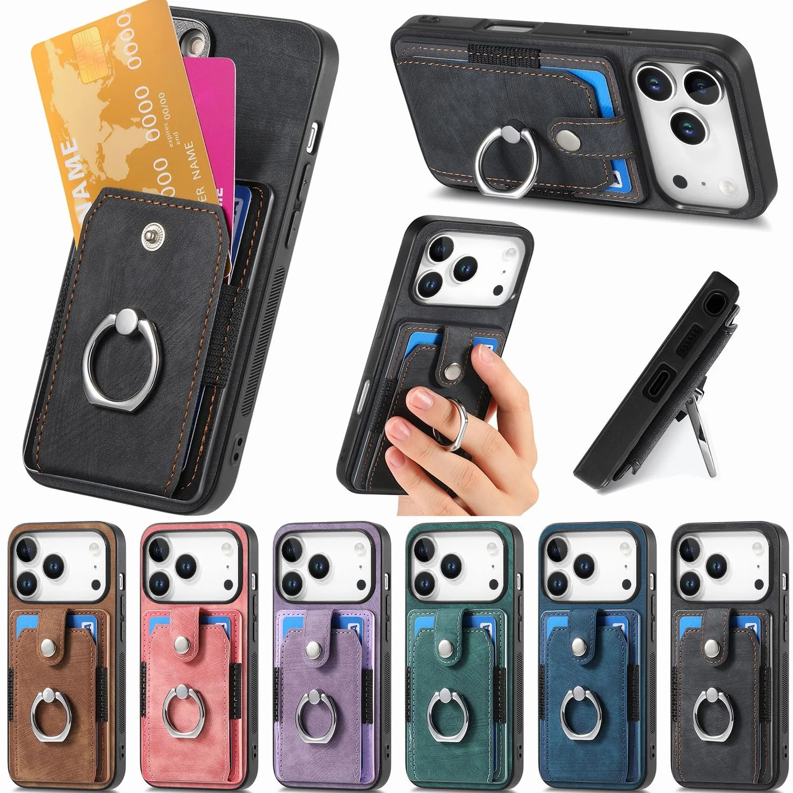 Generic etui kompatybilne z iPhone 15 Pro (kolor: różowy) portfel skórzany uchwyt pierścieniowy twardy silikonowy futerał na tył