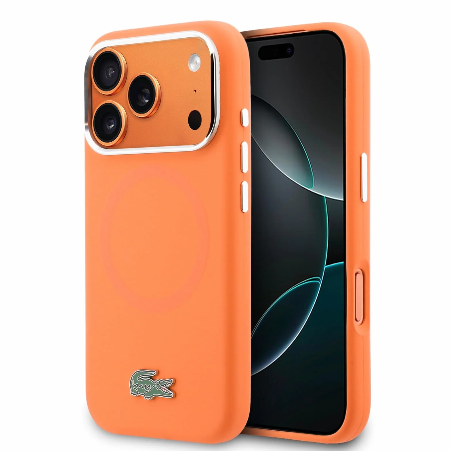 CG MOBILE Lacoste HC silikonowe metalowe logo kompatybilne z MagSafe etui do iPhone 17 Pro (pomarańczowe)