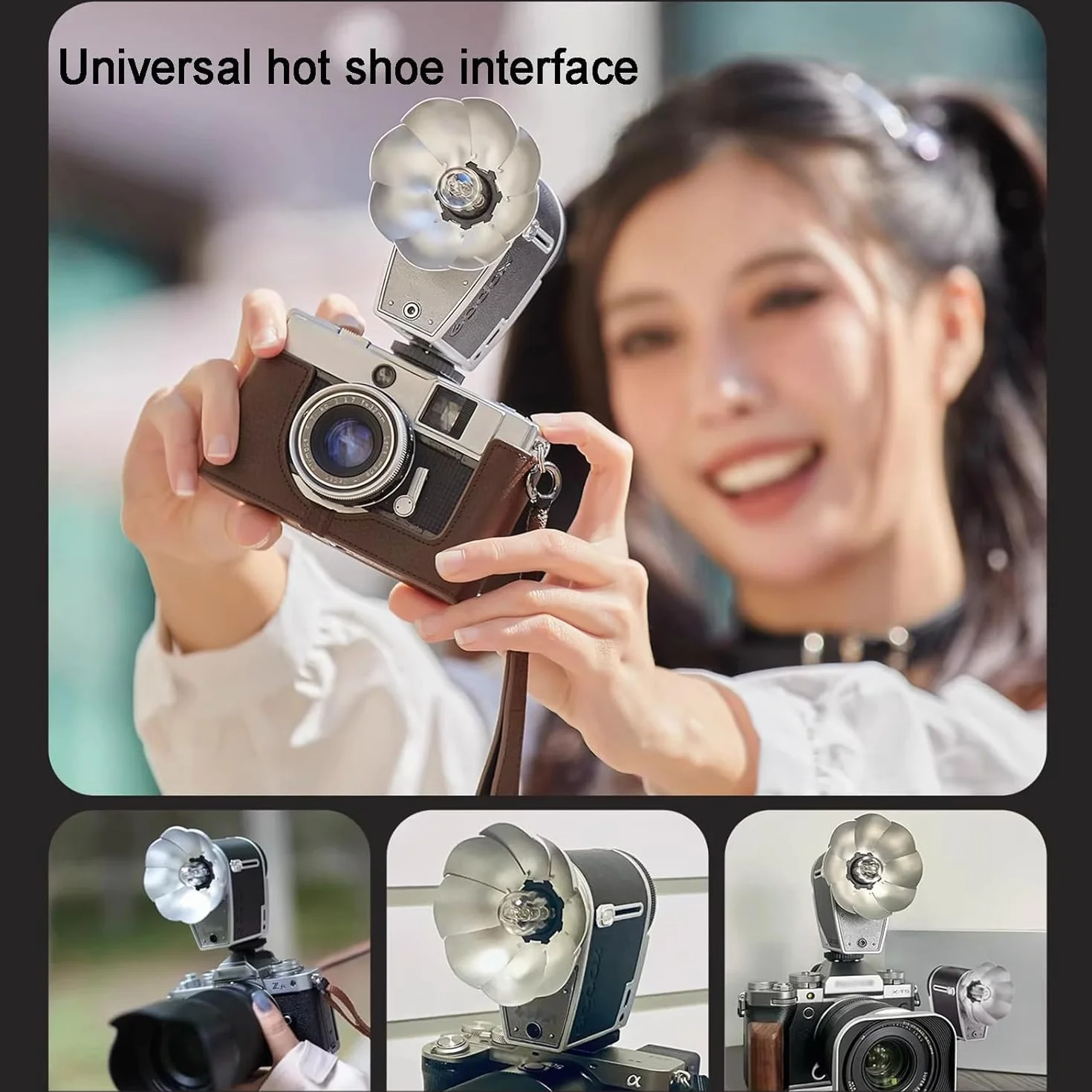 Lampa błyskowa do aparatu Speedlite ze srebrnym reflektorem, temperatura barwowa 6200 K ± 300 K, ogniskowa 28 mm, możliwość ładowania, kompatybilna z lustrzankami cyfrowymi i aparatami filmowymi