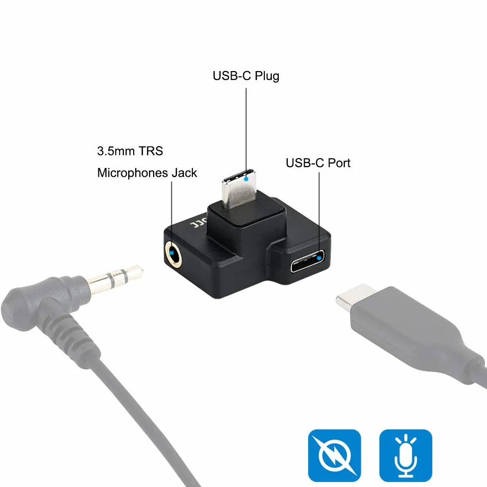 JJC Adapter mikrofonu USB-C 3,5 mm do kamery sportowej DJI Osmo Zewnętrzny adapter audio 3,5 mm do gniazda TRS, port typu C do ładowania i transmisji danych