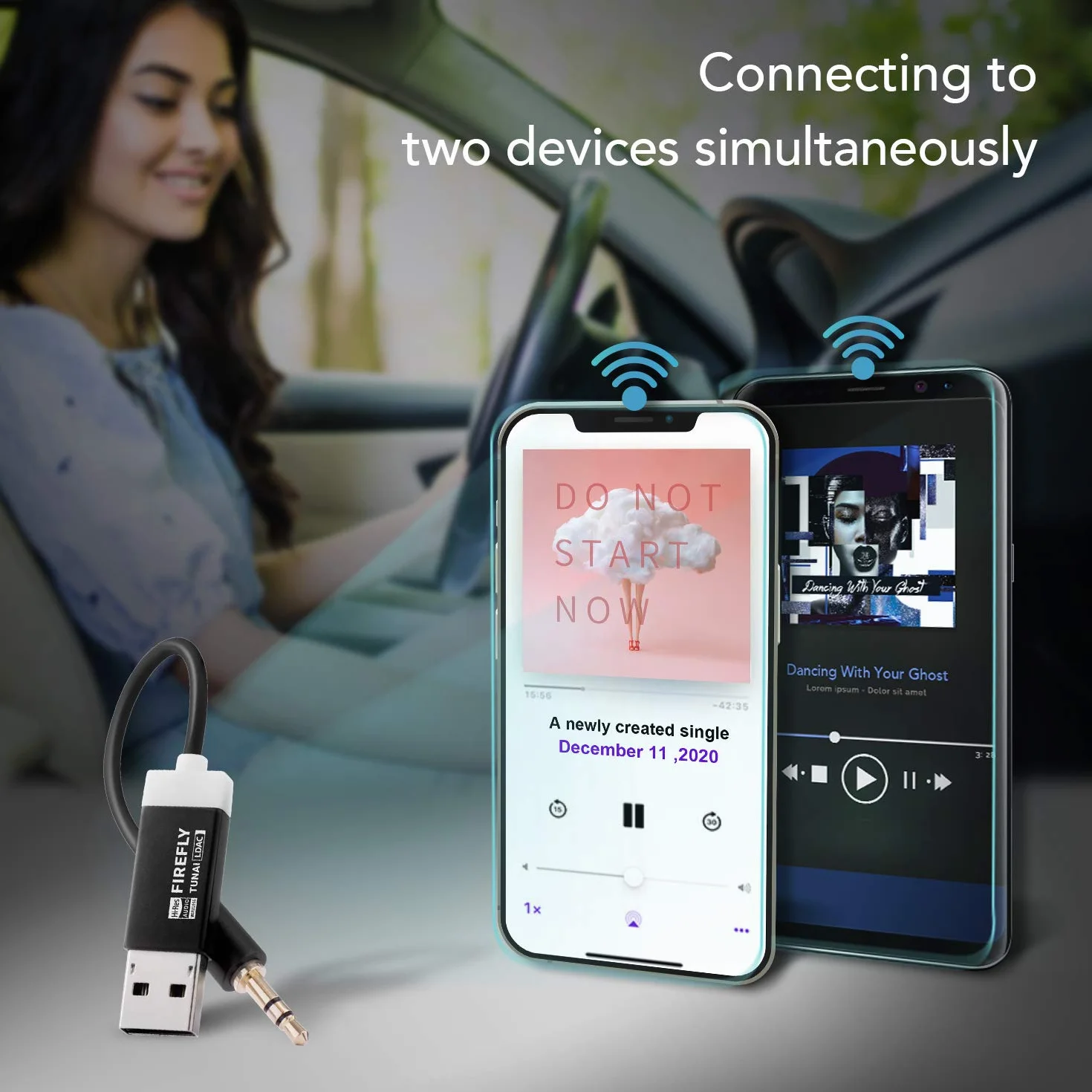 TUNAI Firefly LDAC Adapter odbiornika Bluetooth- bezprzewodowy adapter Bluetooth 5.0 do muzyki w samochodzie z USB DAC i złączem AUX 3,5 mm - automatyczne połączenie, nie wymaga ładowania