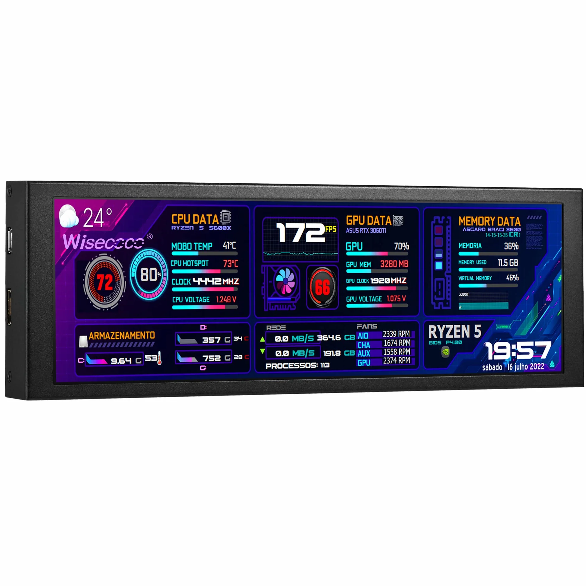 wisecoco 7.84 Inch Mini Monitor HD IPS 1280x400 Wtórny ekran rozciągnięty pasek Wyświetlacz LCD z obudową do laptopa Prędkość Temperatura Windows Aida64 CPU GPU Monitorowanie