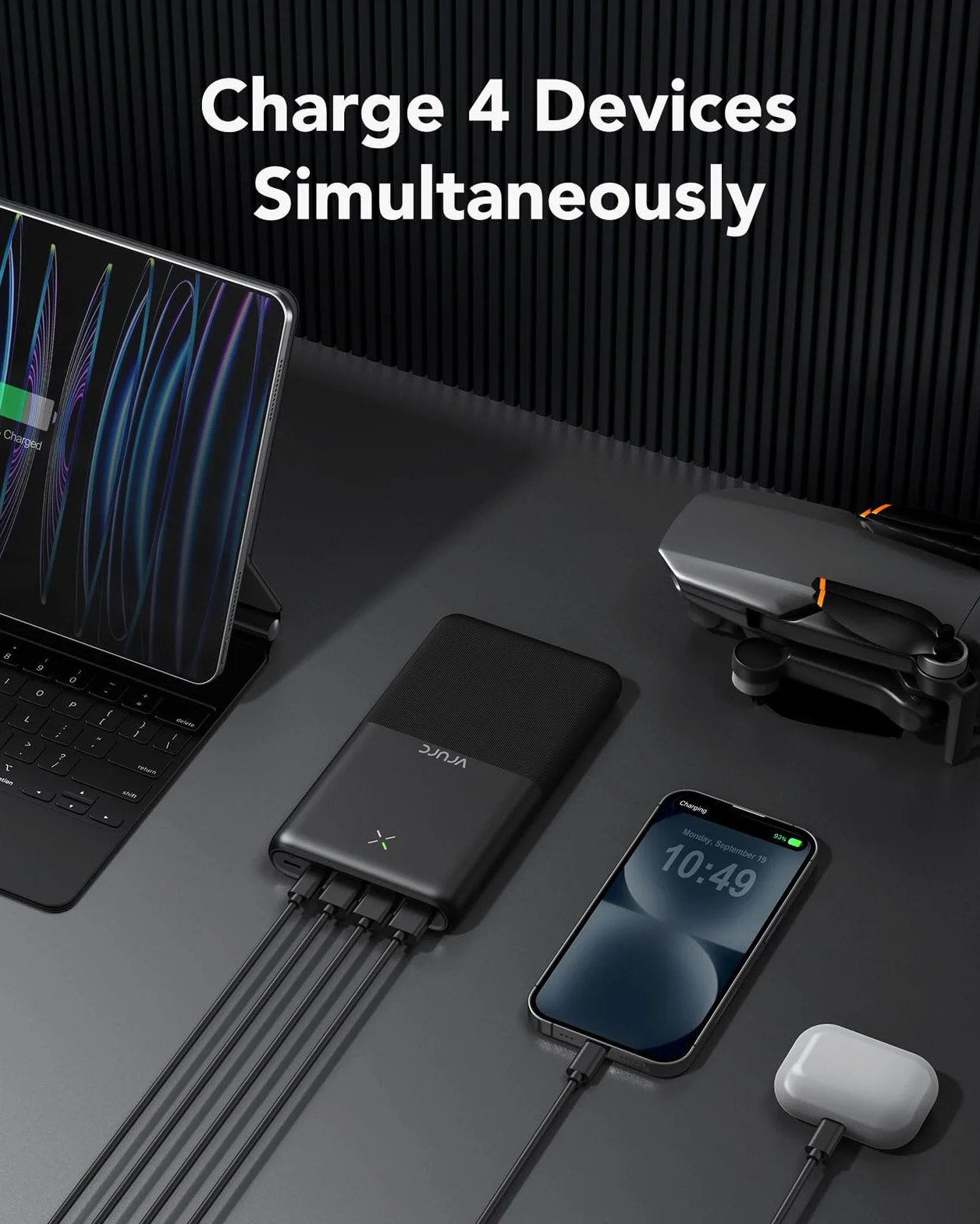 VRURC Power Bank 30 000 mAh 22,5 W, powerbank, USB C, szybkie ładowanie, zewnętrzne akumulatory do telefonów komórkowych z 4 wyjściami i 3 wejściami, przenośna ładowarka, kompatybilna z iPhone, Huawei