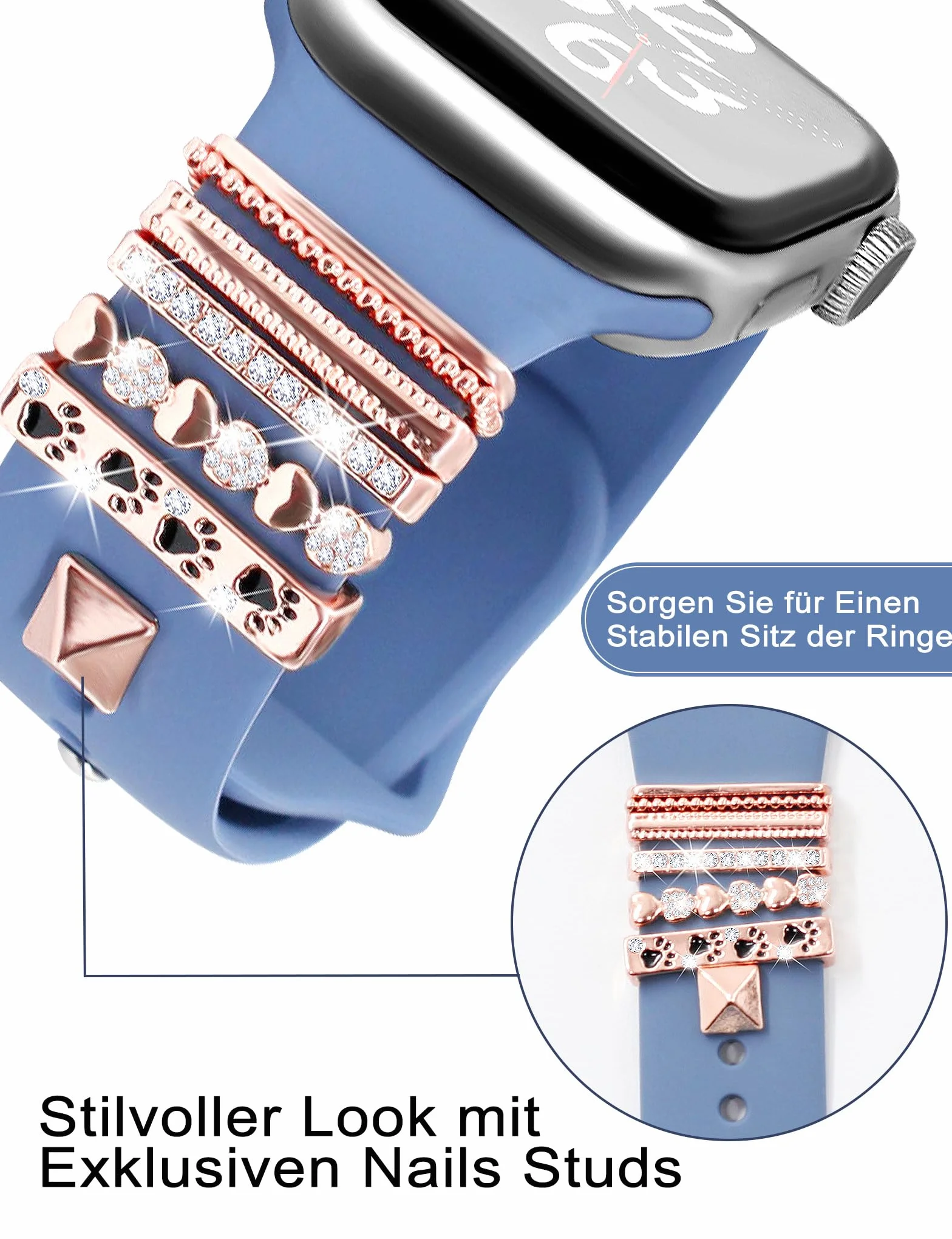 Super błyszczące zawieszki do zegarków z ozdobnymi pierścieniami, kompatybilne z paskiem Apple Watch, metalowe diamentowe akcesoria przesuwne