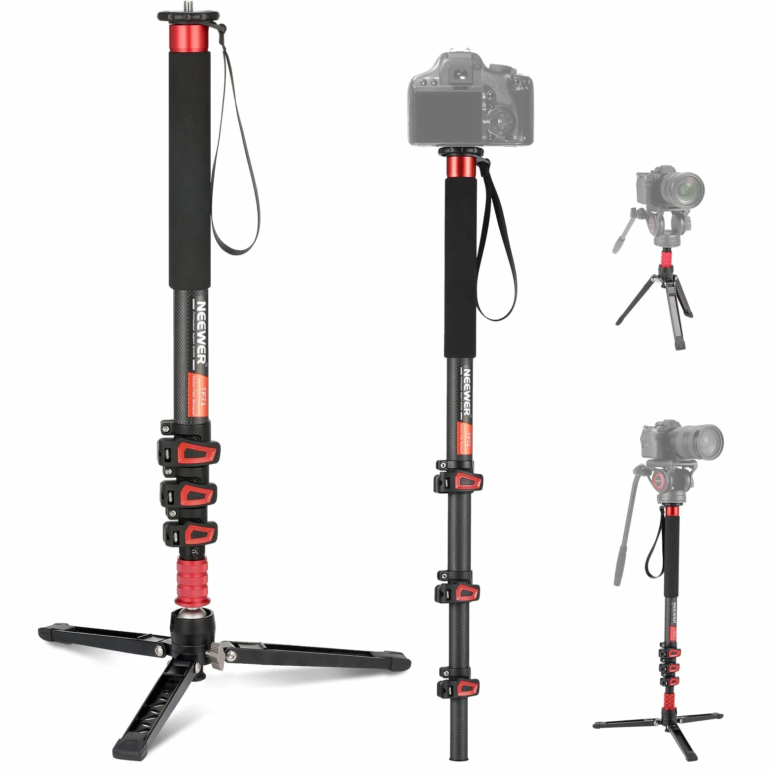 NEEWER Stojak na monopod na aparat 72 cali, lekki statyw podróżny z włókna węglowego z odłączaną podstawą do nagrywania wideo DSLR, teleskopowy kij trekkingowy, maksymalne obciążenie 6 kg, TP71