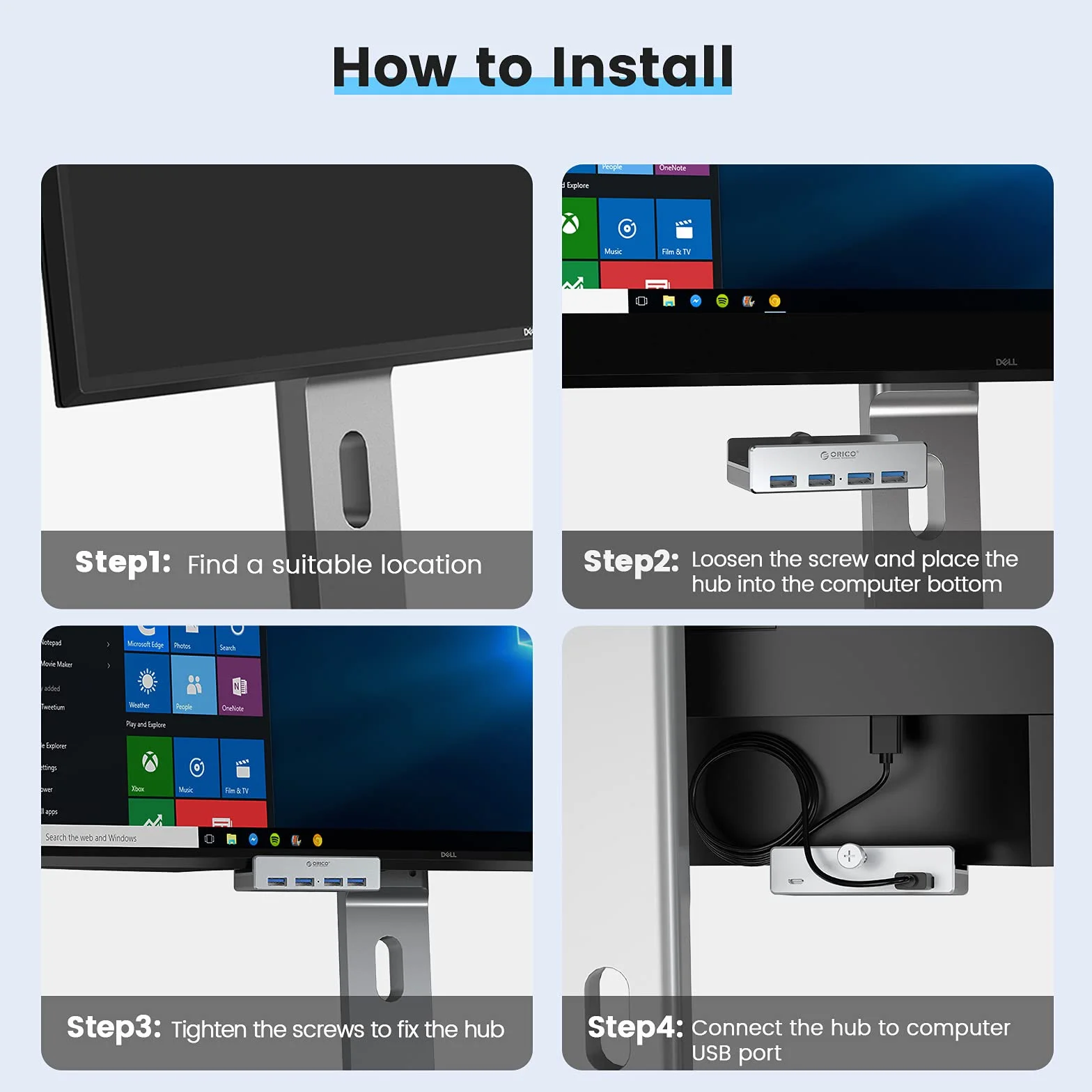 ORICO Adapter zaciskowy koncentratora USB 3.0, aluminiowy 4-portowy rozdzielacz USB z dodatkowym portem zasilania i kablem danych USB 4,92 FT, ultra-przenośny rozszerzacz USB do 2021 iMac/laptop/PC