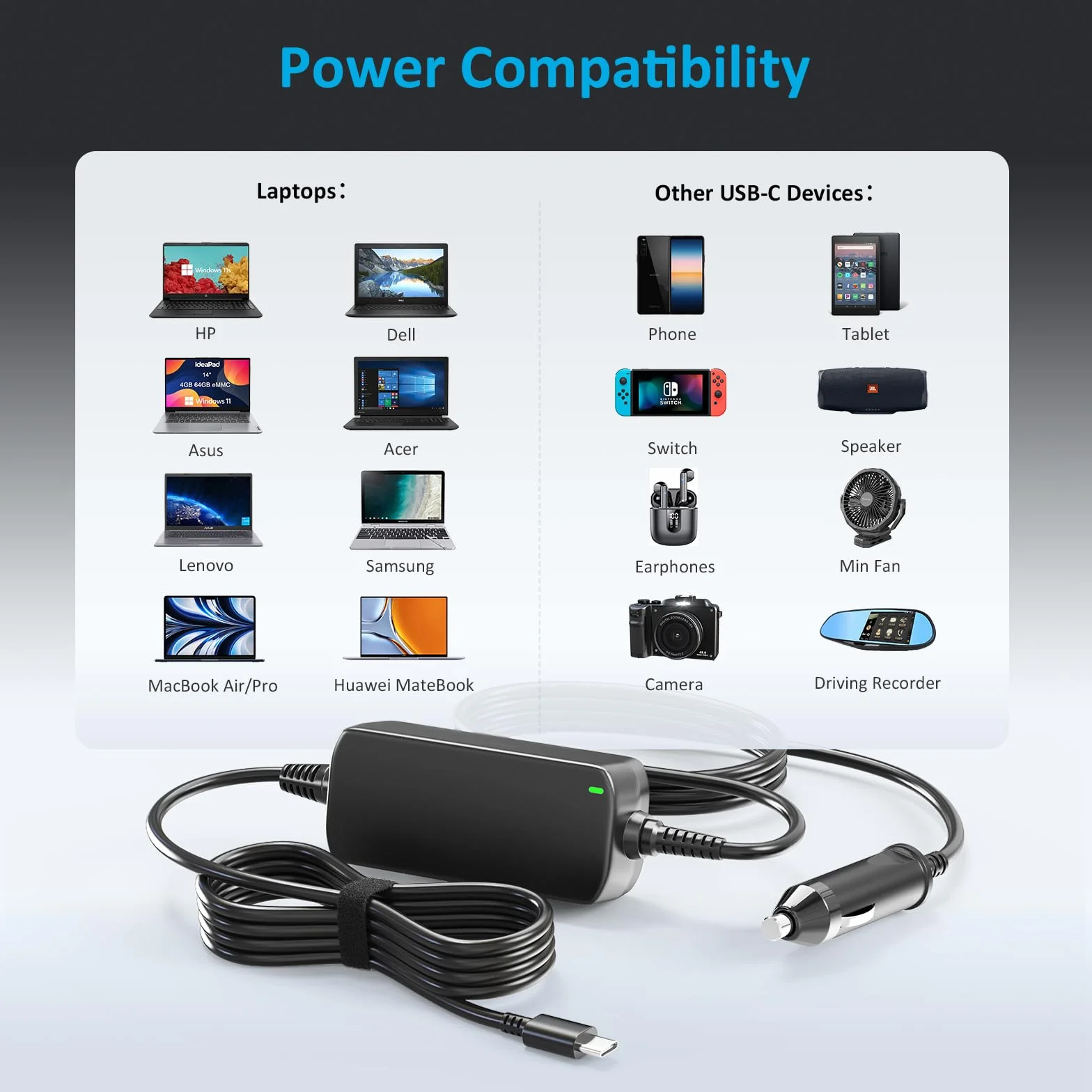 Zolt Ładowarka samochodowa USB C, 100 W, adapter 12-24 V DC do Lenovo Thinkpad HP Spectre Dell XPS Acer Asus Chromebook Samsung Macbook Pro Air Huawei Matebook