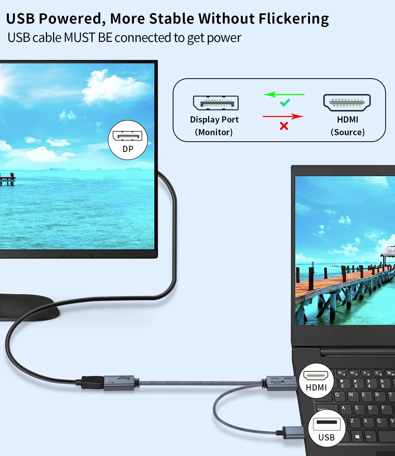 Adapter HDMI na DisplayPort 4K przy 60 Hz, męski na żeński, kabel konwertera HDMI na DP 1.2 z zasilaniem USB do monitora, PS4, wysoka prędkość, kompatybilny z HDCP2.2-0,2 m (nie