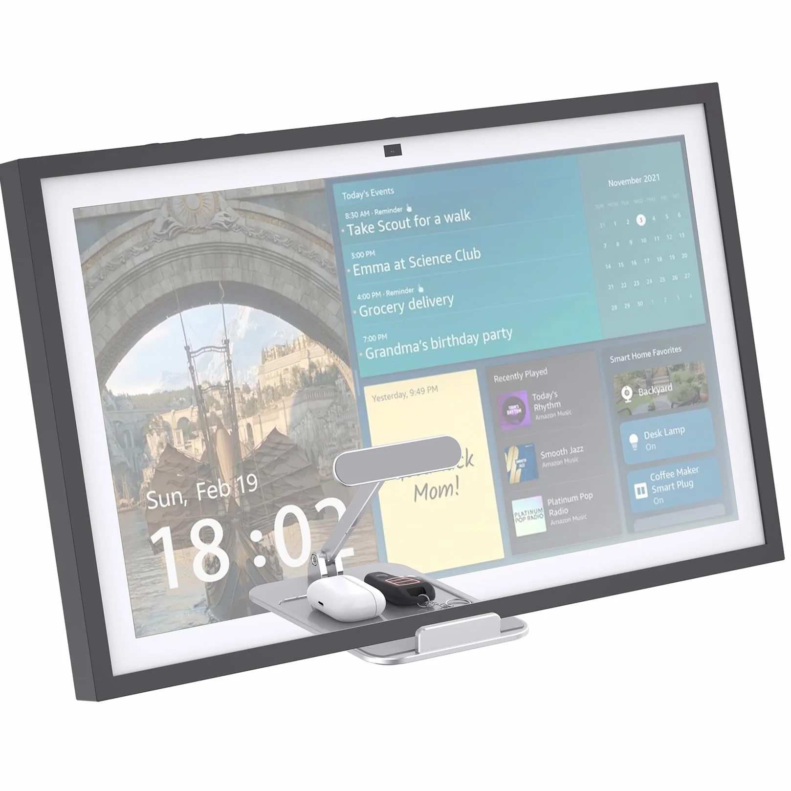 Stojak uchylny, do inteligentnego wyświetlacza Show 15, iPadów/tabletów, wykonany z wytrzymałego aluminium, urządzenie do siedzenia na nim bez montażu (srebrny)