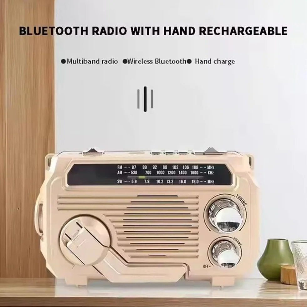 Radio z korbą ręczną do ładowania słonecznego, przenośne radio survivalowe FM/AM/SW, radia awaryjne, ładowalne, wielokanałowe radio o niskiej mocy, Bluetooth 5.2, głośnik odtwarzacz muzyczny, obsługa