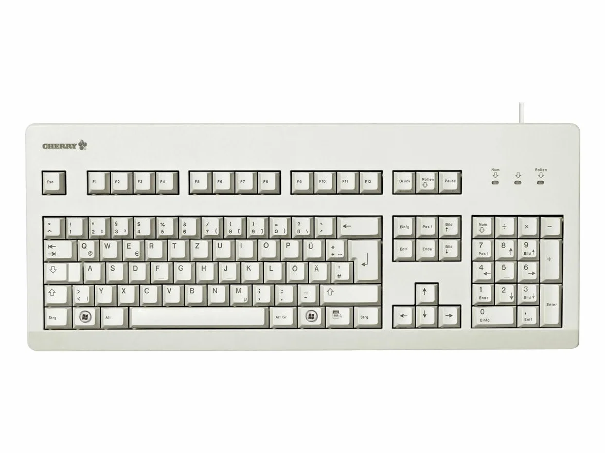 CHERRY G80-3000, niemiecki układ klawiatury, klawiatura QWERTZ, klawiatura przewodowa, klawiatura mechaniczna, CHERRY MX BLUE SWITCHES, jasnoszara