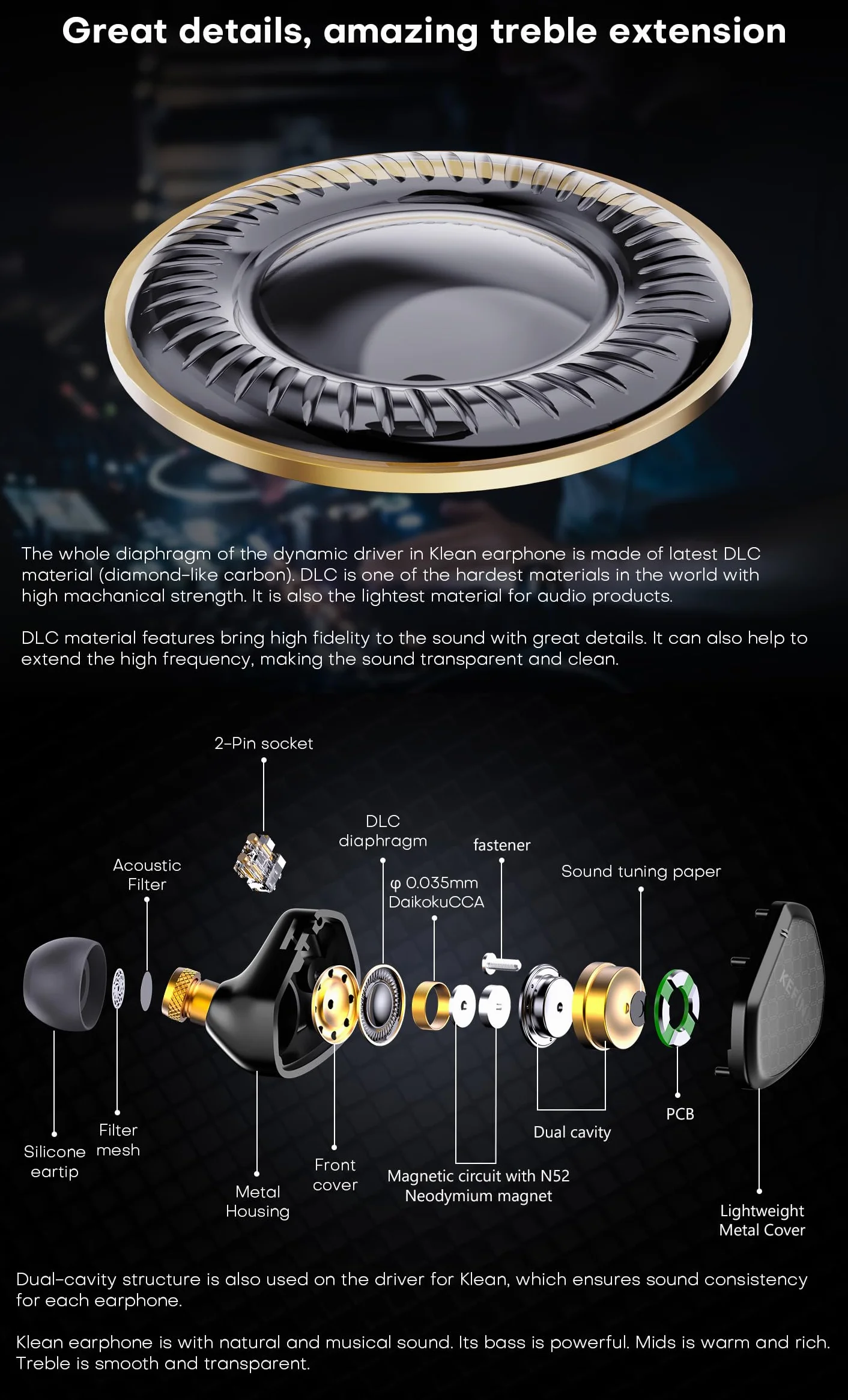 KGUSS KEFINE Klean Przewodowe monitory douszne HiFi, membrana 10 mm, z dynamicznym sterownikiem DLC, z odłączanym posrebrzanym kablem 0,78 mm, 2-pinowym, wymiennymi dyszami, słuchawki douszne do gier