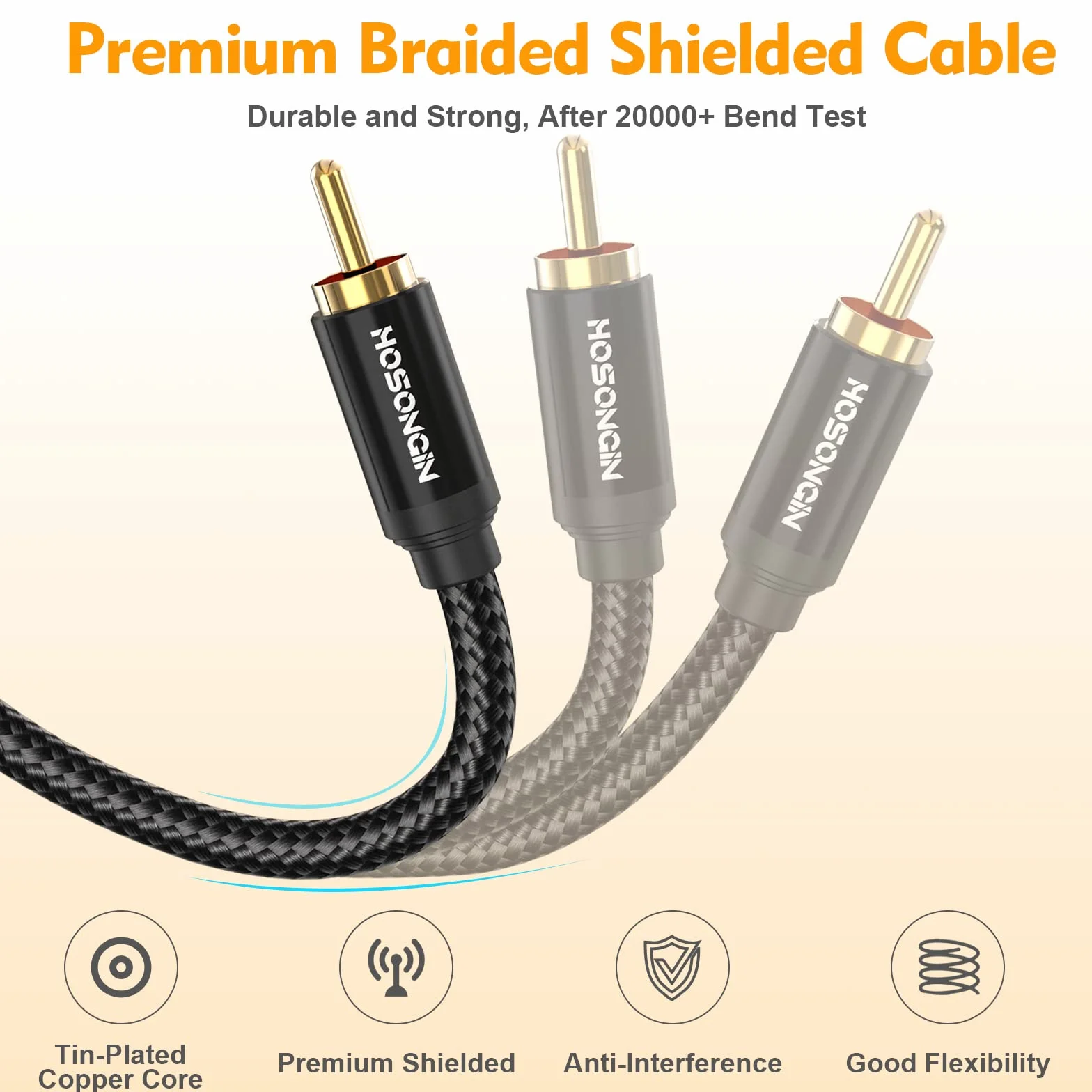 HOSONGIN Kabel rozdzielający RCA Y, 1 męski na 2 męskie kable audio (2 sztuki), 30 cm, pozłacany 24-karatowym złotem, pleciony bawełniany, ekranowany kabel subwoofera do wzmacniaczy, telewizora, kina