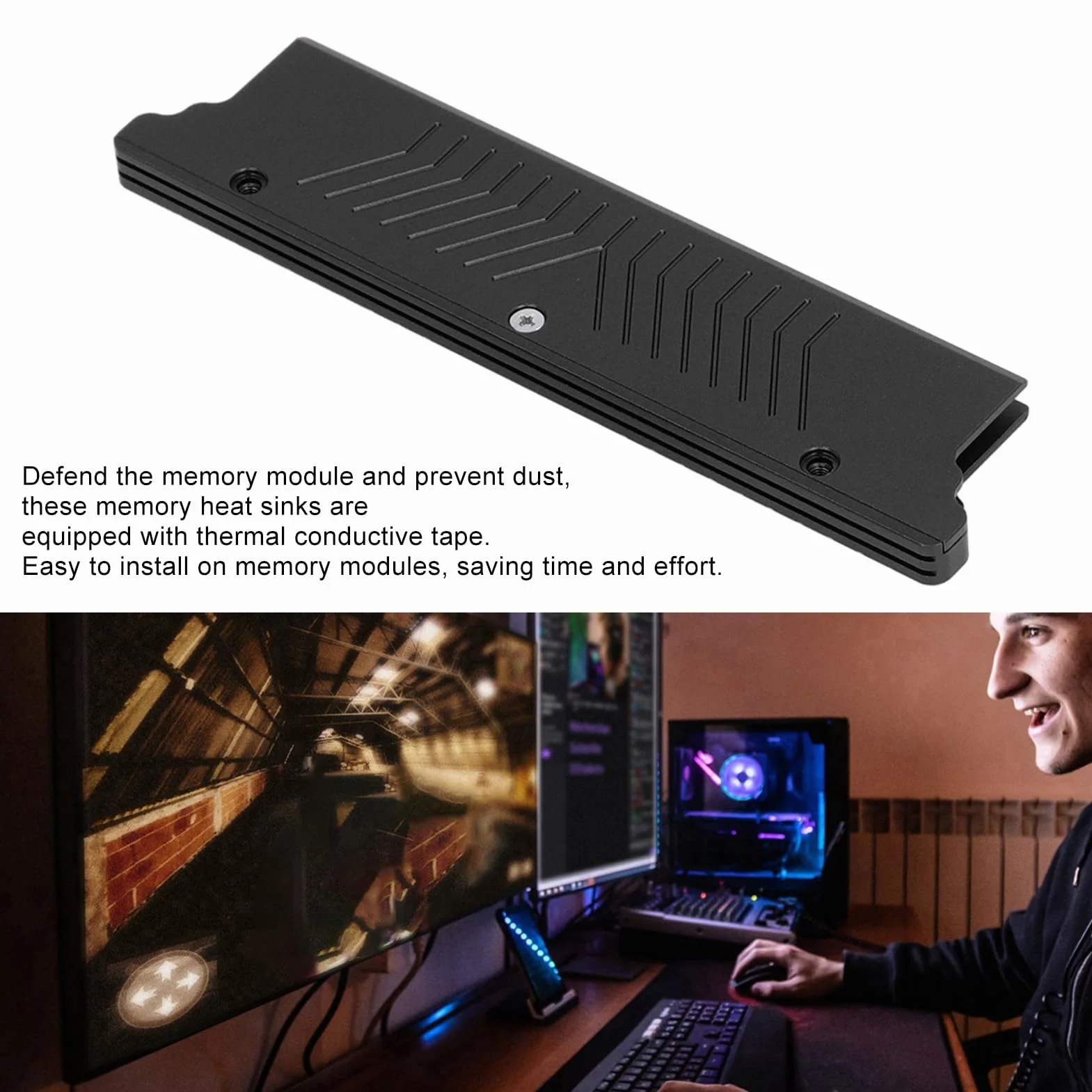 Dpofirs Pamięć RAM Cooler Wydajny Dwustronny Radiator ze Stopu Aluminium dla DDR1 DDR2 DDR3 DDR4 ECC, łatwa Instalacja Zapewniająca Bezpieczeństwo Pamięci Komputera Stacjonarnego (BLACK)
