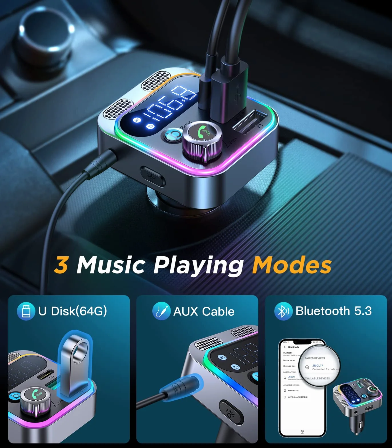 JOYROOM Adapter Aux Bluetooth Samochodowy, Radio samochodowe z nadajnikiem Bluetooth 5.3 FM [Mocniejsze dwa mikrofony i głęboki bas HiFi] Odtwarzacz muzyczny, 48 W PD i QC3.0, zestaw głośnomówiący