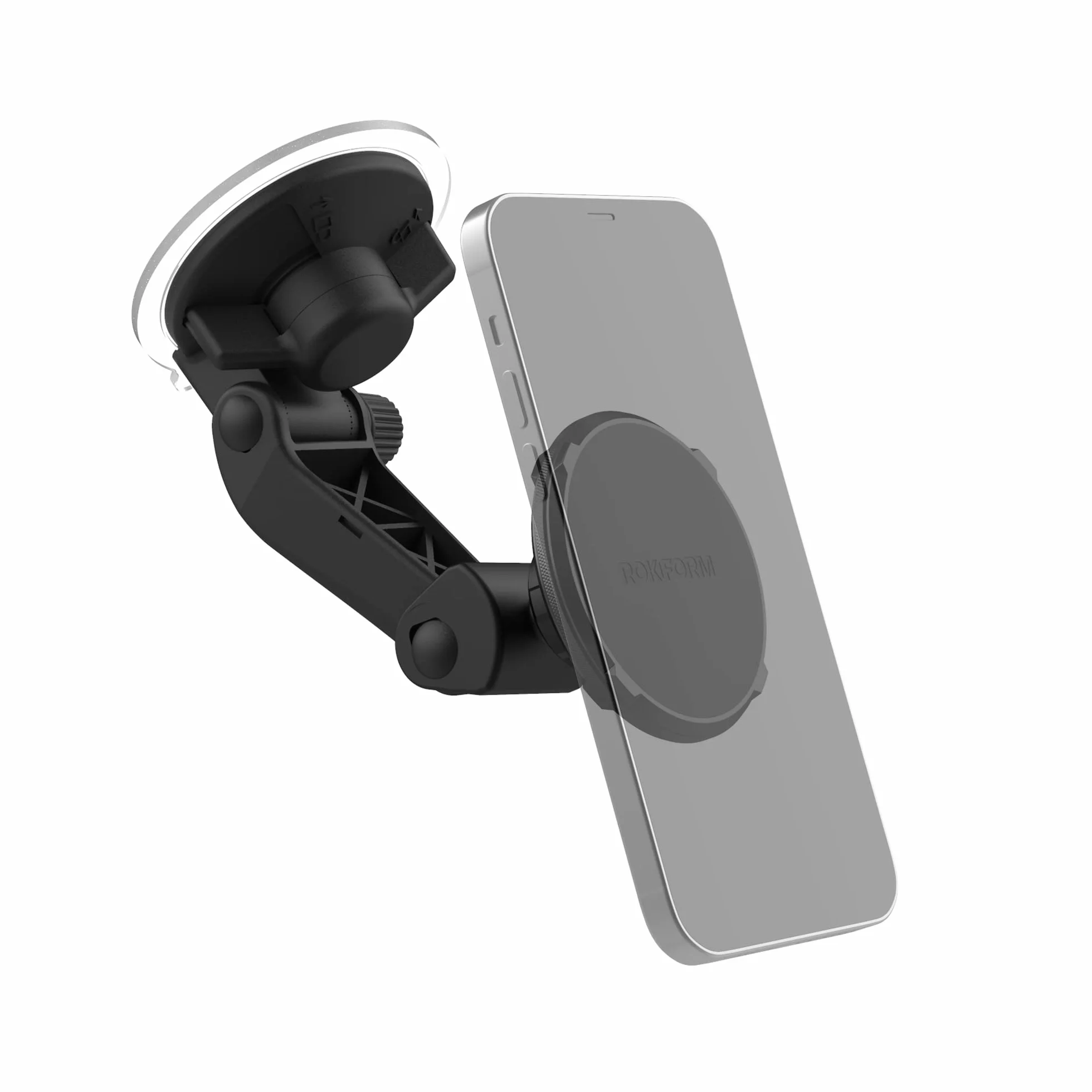Rokform - Regulowany magnetyczny uchwyt na telefon do przedniej szyby, kompatybilny z obudowami Rokform i etui na telefon MagSafe, mocna przyssawka, nachylenie o 210°, obrót o 360°
