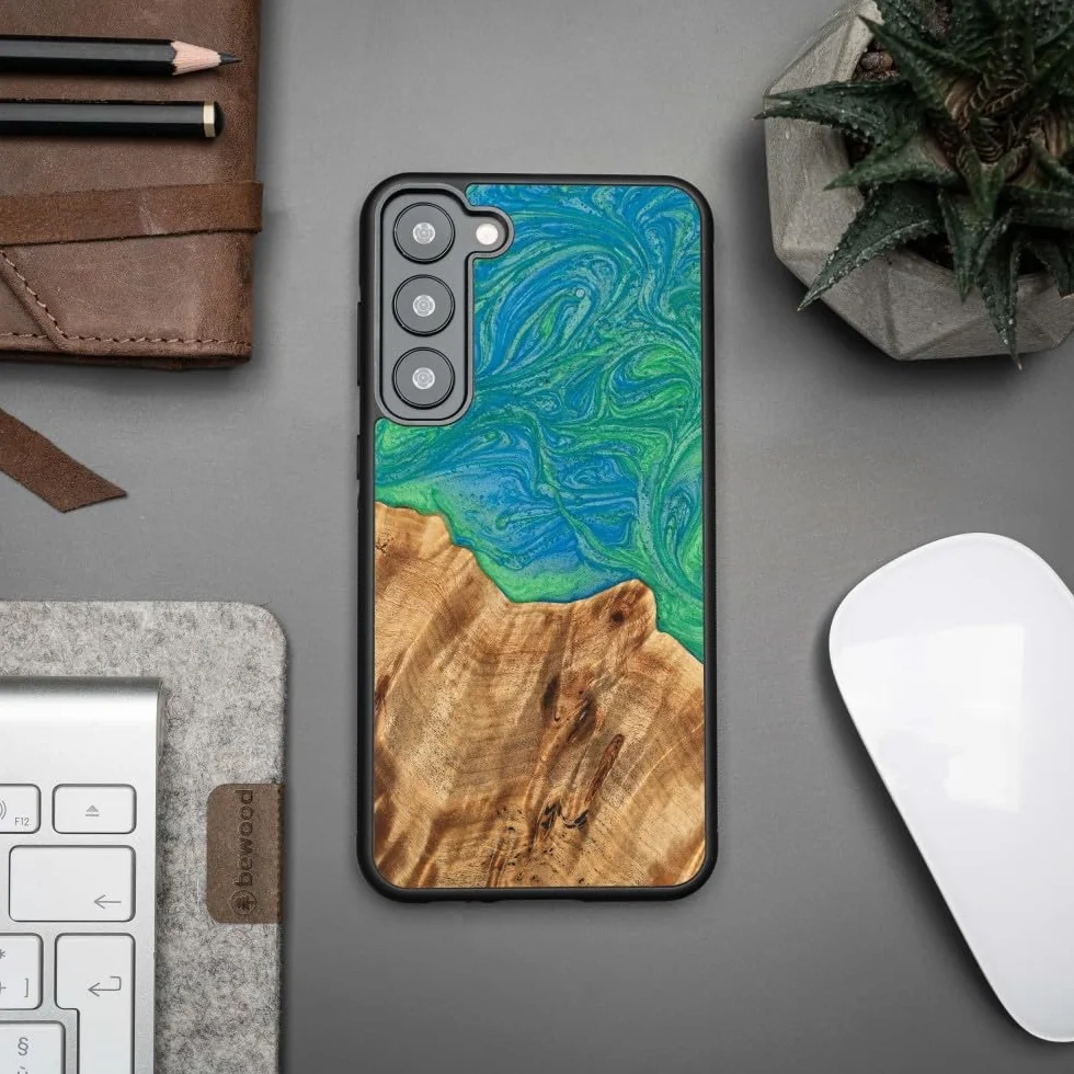 Unikalne etui kompatybilne z Samsung Galaxy S23 Plus, ręcznie wykonane etui ochronne z naturalnego drewna i żywicy, neonowe wzornictwo, odporne na uderzenia, kompatybilne z MagSafe