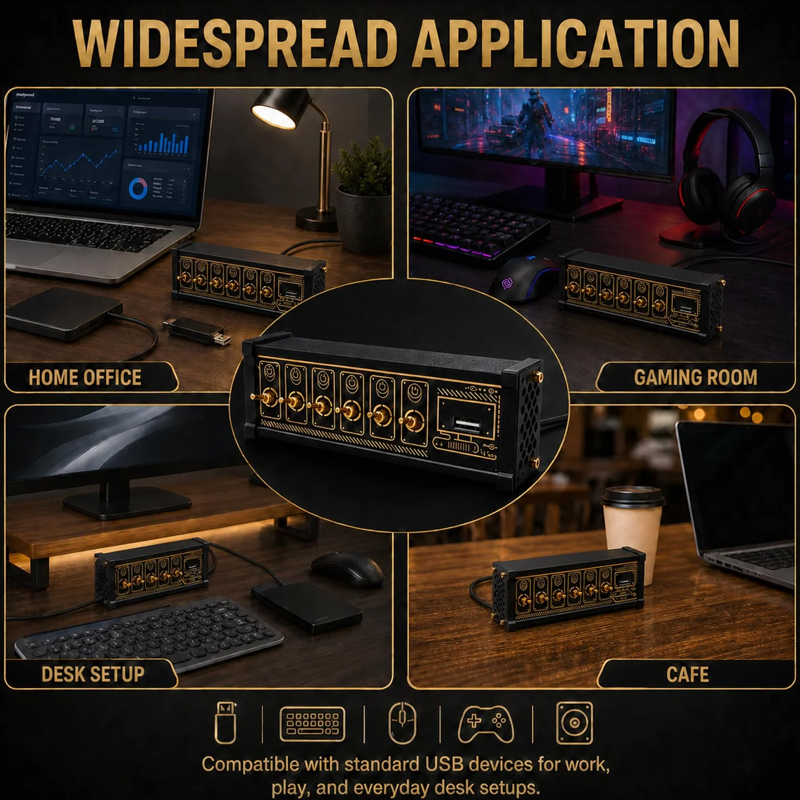 U6 6-portowa stacja dokująca USB, 6-portowy przełącznik USB, niezależne sterowanie, sterowanie głosem ze wskaźnikiem stanu LED, transmisja danych, pozłacane platerowanie retro do smartfonów