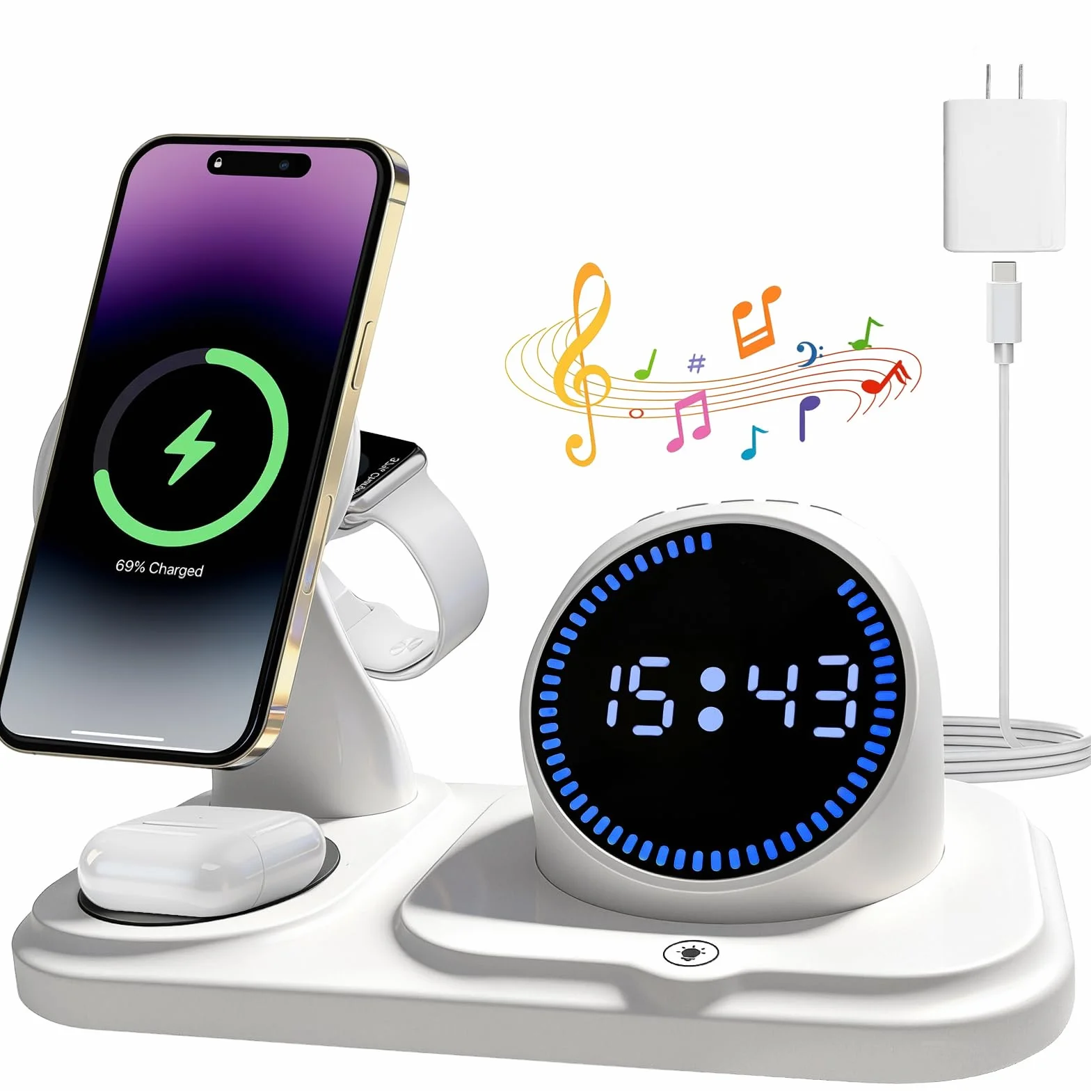 6 w 1 bezprzewodowa ładowarka do iPhone'a z głośnikiem Bluetooth, stacja szybkiego ładowania do iPhone'a 17/16/15/14/13/12/11/Pro/Max/Plus, do Apple Watch i AirPods