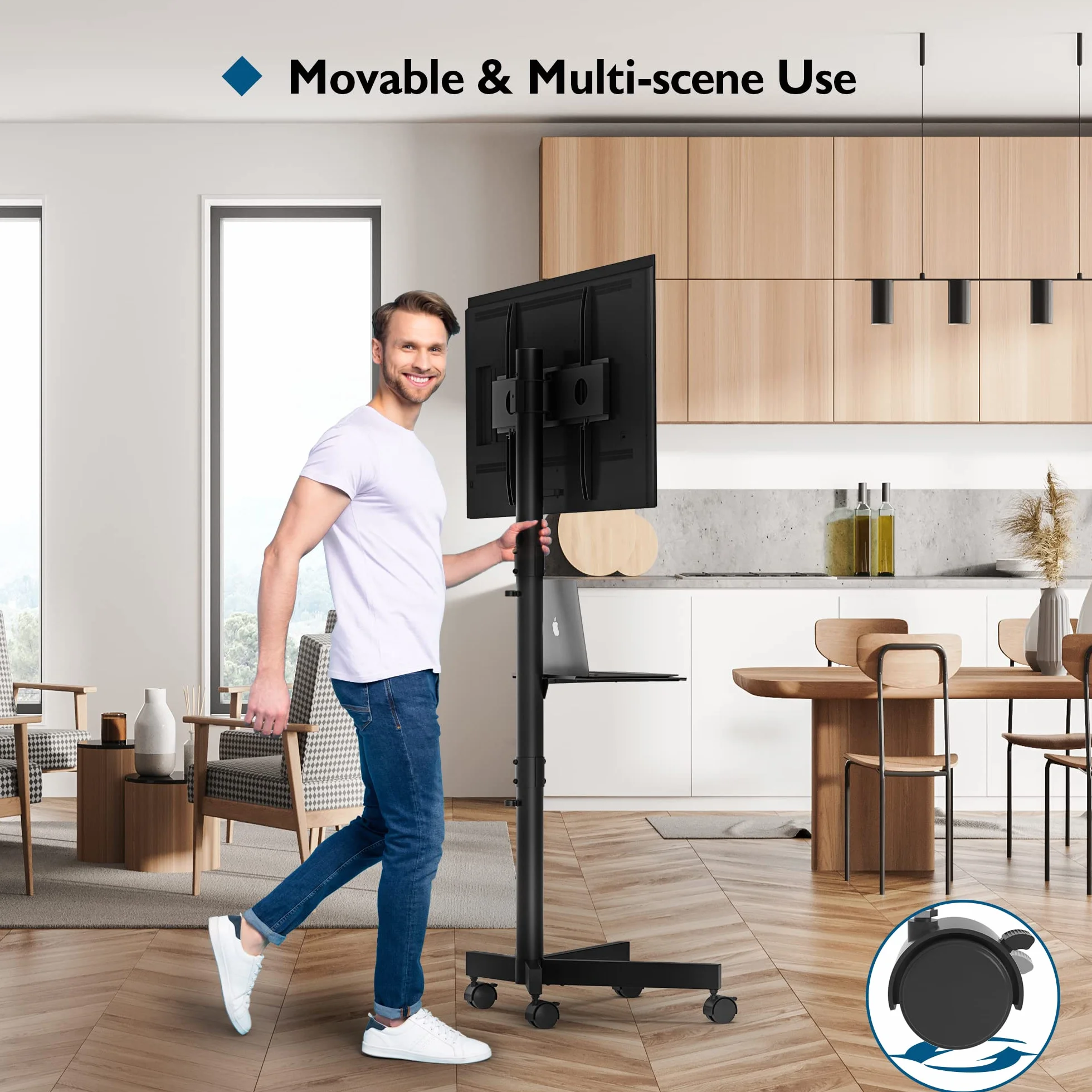 BONTEC Mobilny Stojak TV na Kółkach do Telewizorów Plazmowych/LCD/LED 23-60 cali, Przenośny Stojak TV z Półką na Laptopa, Wózek TV z Regulacją Wysokości na Kółkach do 25kg, Max. VESA 400x400mm
