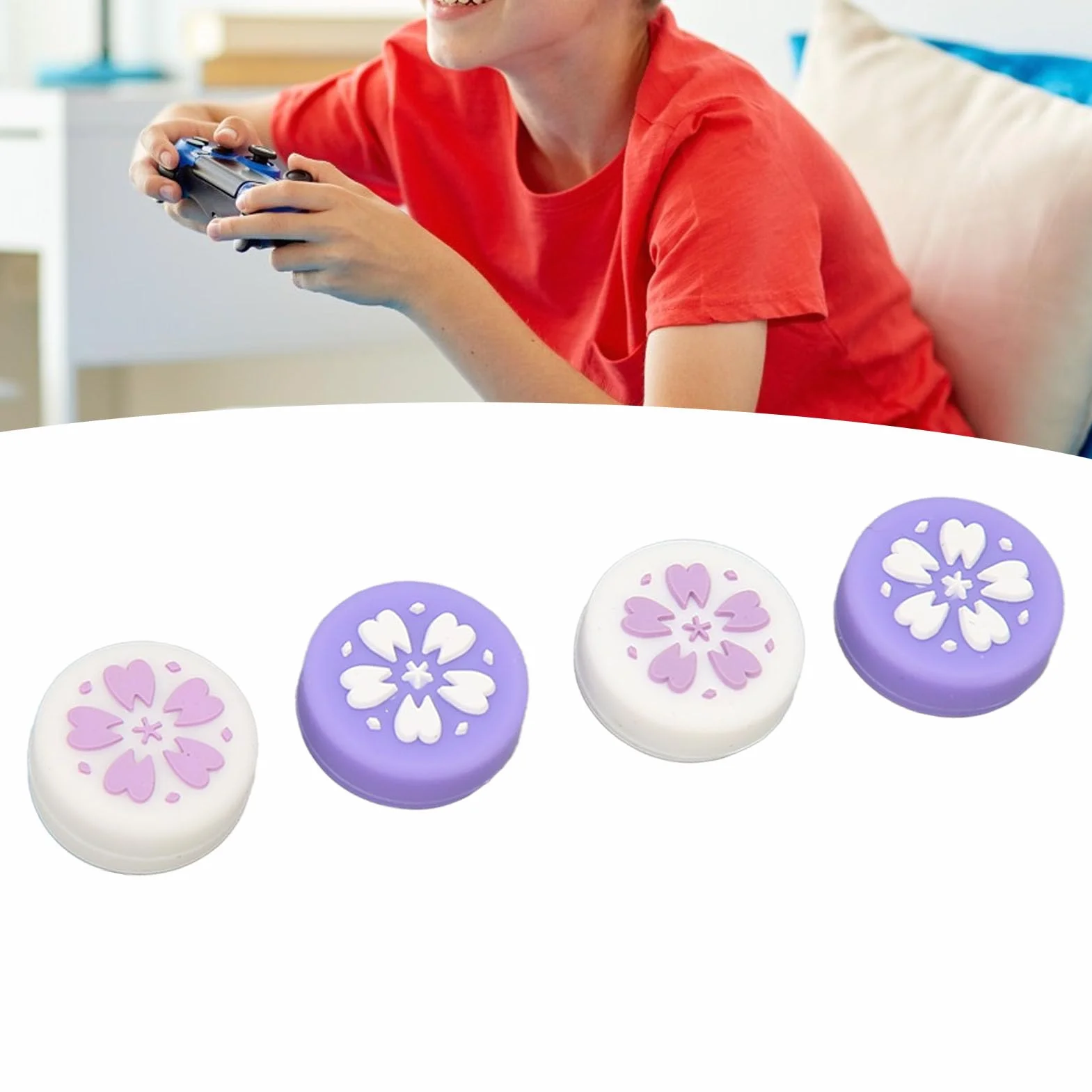 4 szt. Nakładki na Kciuki do Przełącznika do Joysticka Konsoli Switch Lite, śliczny Kwiat Wiśni z Miękkiego Silikonu, Antypoślizgowa Nakładka na Przycisk Joysticka, Uchwyty na