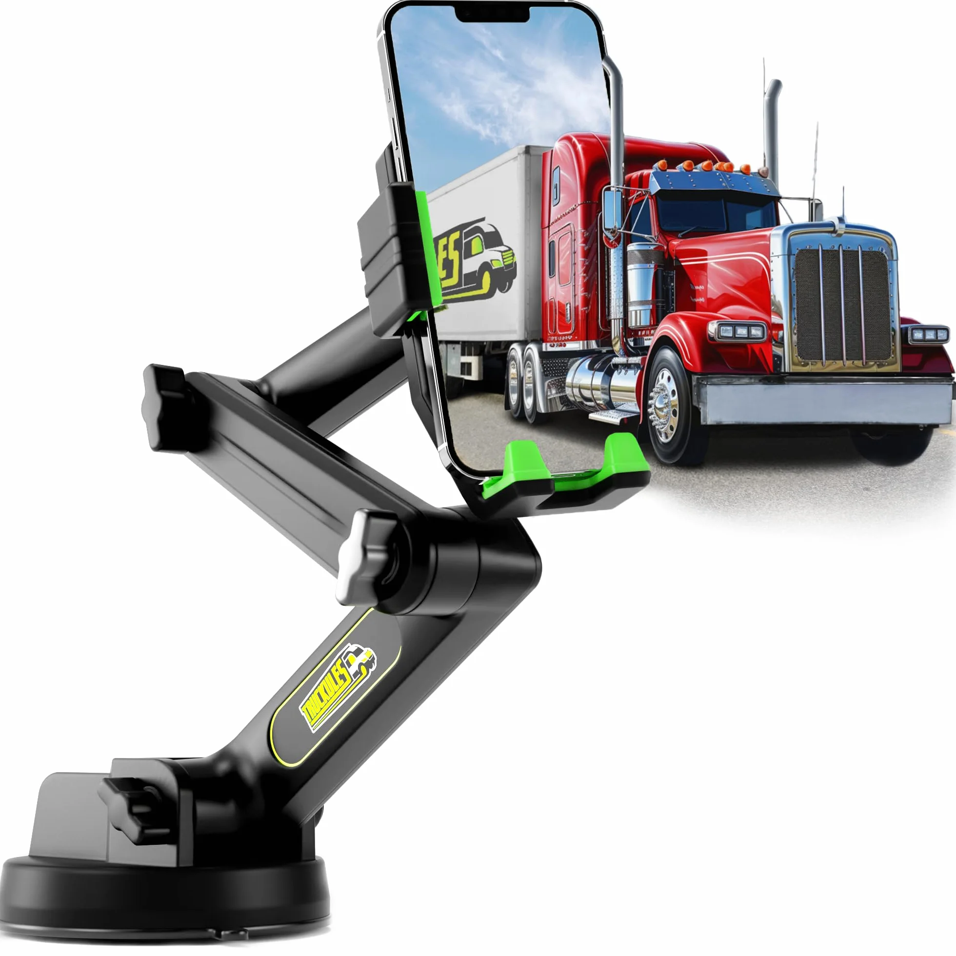 Truckules Uchwyt na telefon ciężarowy, wytrzymały uchwyt na telefon komórkowy do ciężarówki, przednia szyba 43 cm, długie ramię, super przyssawka i stabilna, kompatybilny z iPhone i Samsung, zielony,