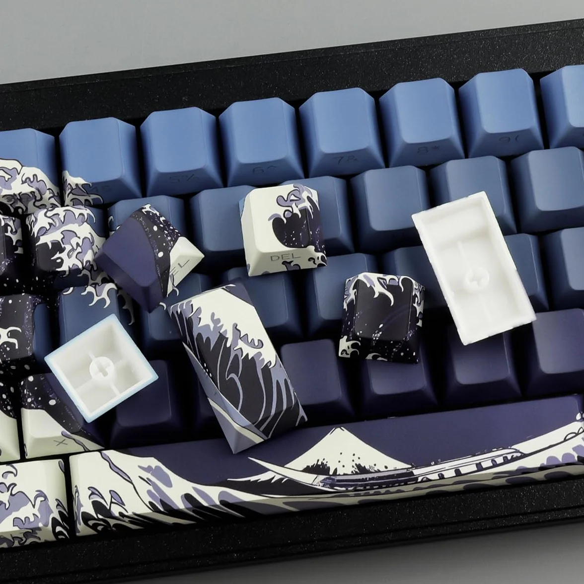 Hyekic Nasadki klawiszy PBT, 131 klawiszy Blue Ukiyo-e, profil Cherry, przezroczyste, przełączniki Cherry MX/Gateron, klawiatury mechaniczne