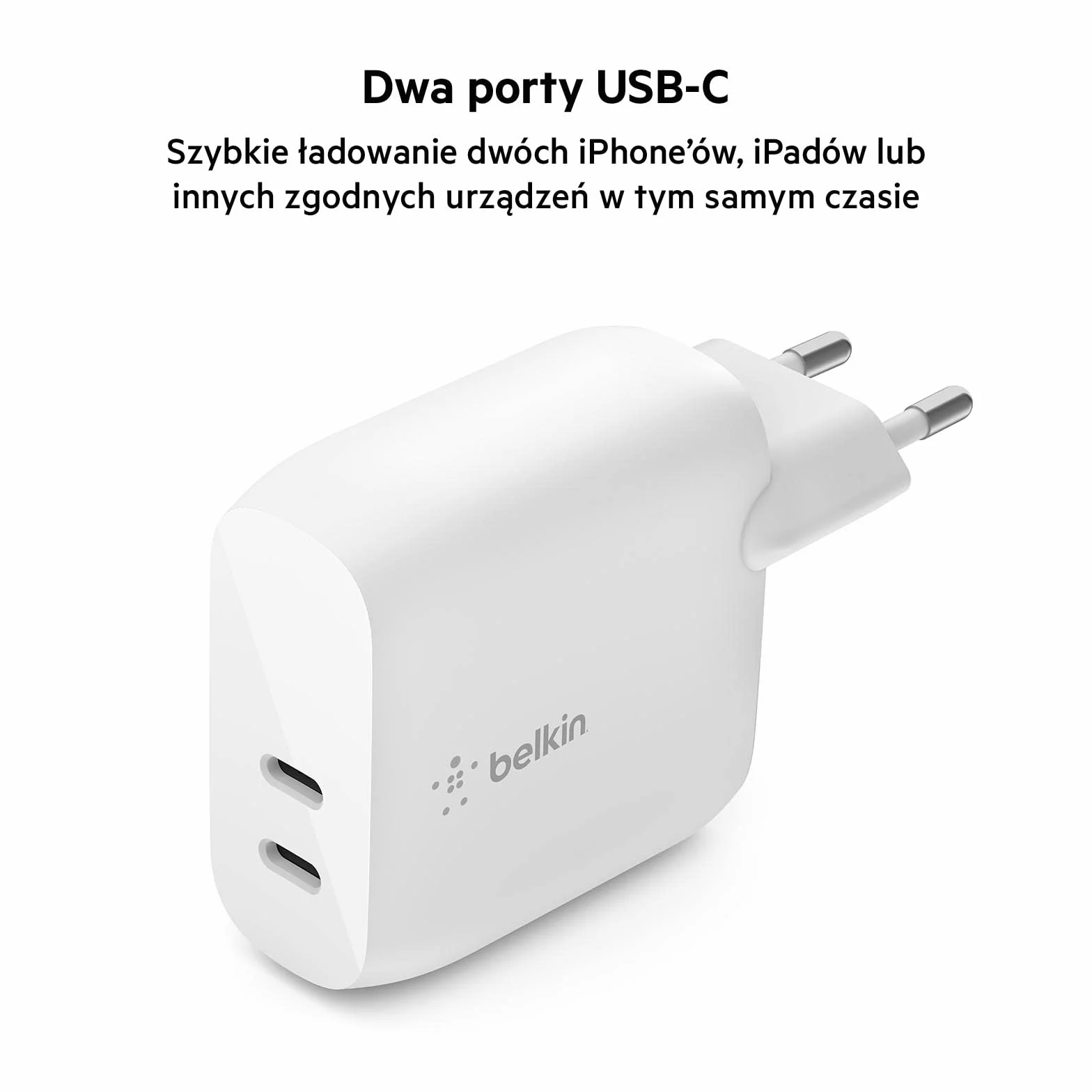 Belkin 40 W USB-C PD Ładowarka sieciowa (2 porty USB-C zapewniające 20 W na port z Power Delivery do szybkiego ładowania iPhone’a 14/14 Plus, 13, Pro/Pro Max, Mini, iPad Pro, Galaxy i innych urządzeń)