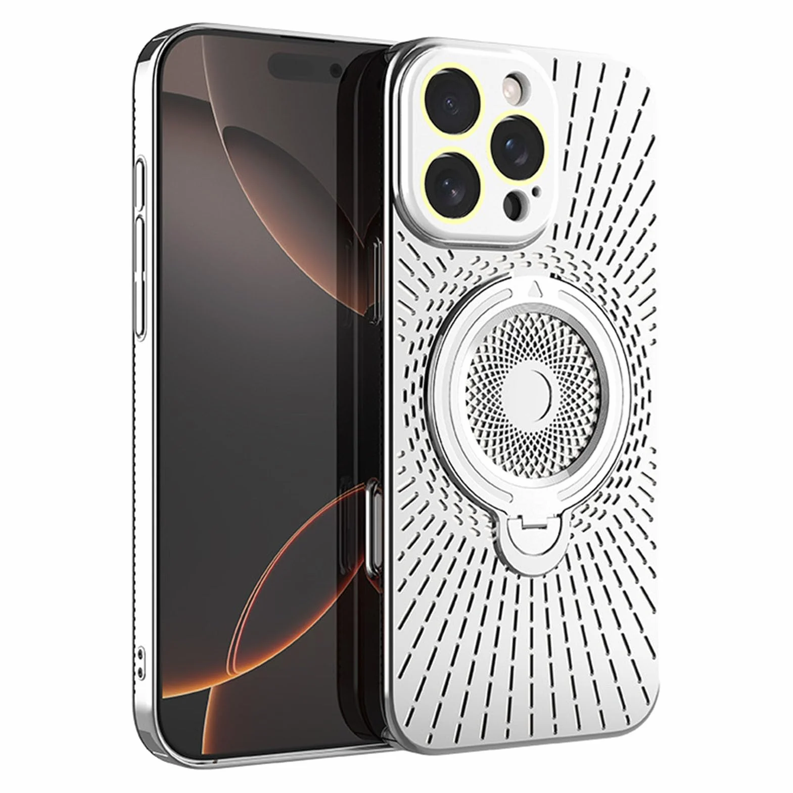 Magnetyczne etui z przyssawką do iPhone'a 16/16 Plus/16 Pro / 16 Pro Max, rozpraszanie ciepła, wentylowane, wydrążone etui na tył telefonu, obrotowy składany pierścień, 16pro max, srebrny