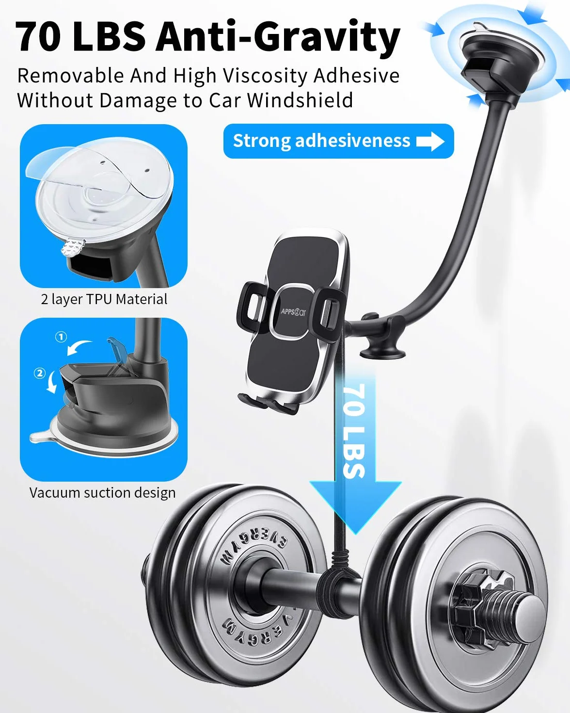 APPS2Car Uchwyt na telefon na przednią szybę 33 cm kompatybilny z telefonami 10.2-17.3 cm