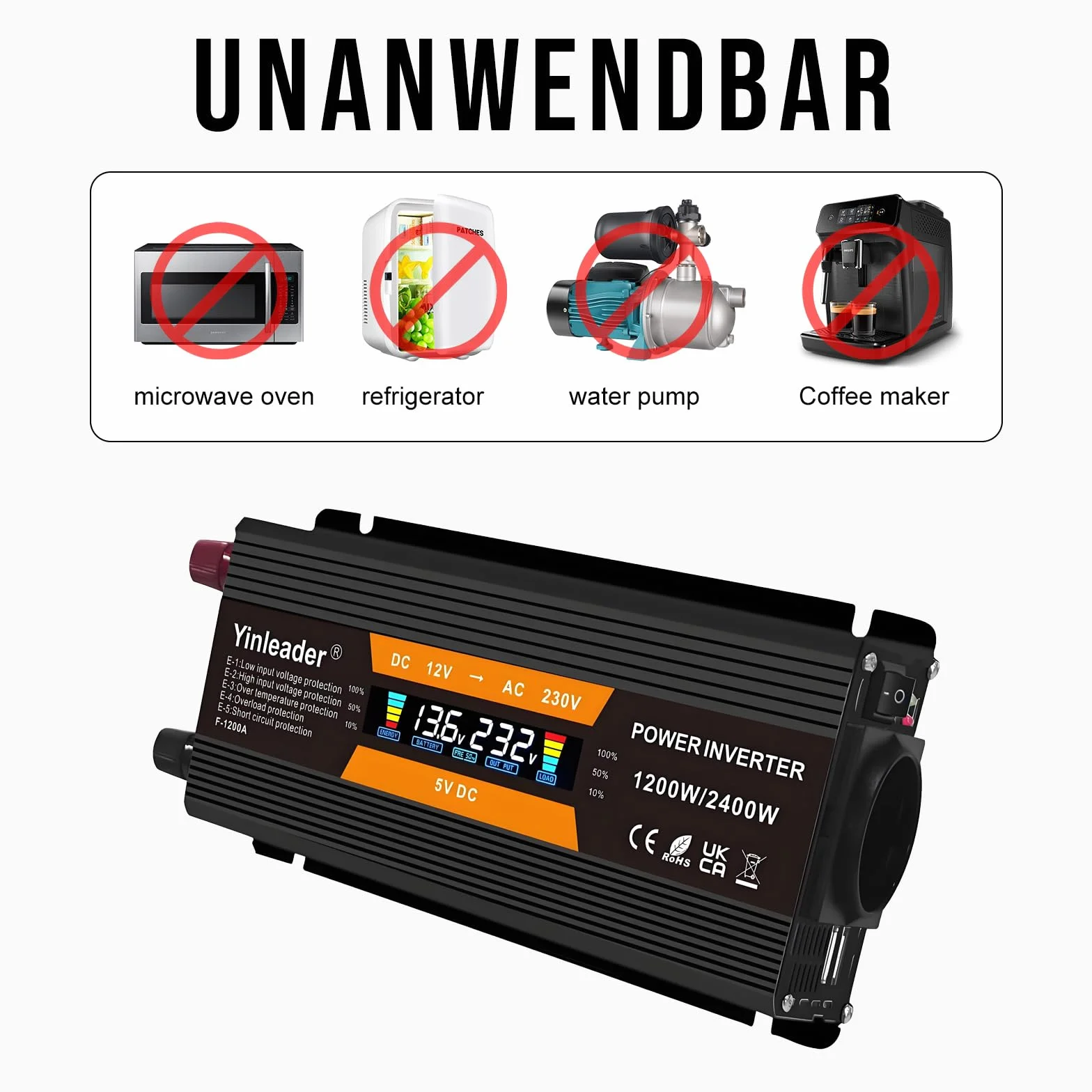 Yinleader Przetwornica napięcia 1200 W/2400 W 12 V 230 V falownik Dual USB Power Inverter z 1 gniazdem i wyświetlaczem LCD, do samochodu, przyczepy kempingowej, łodzi, na kemping, w podróży